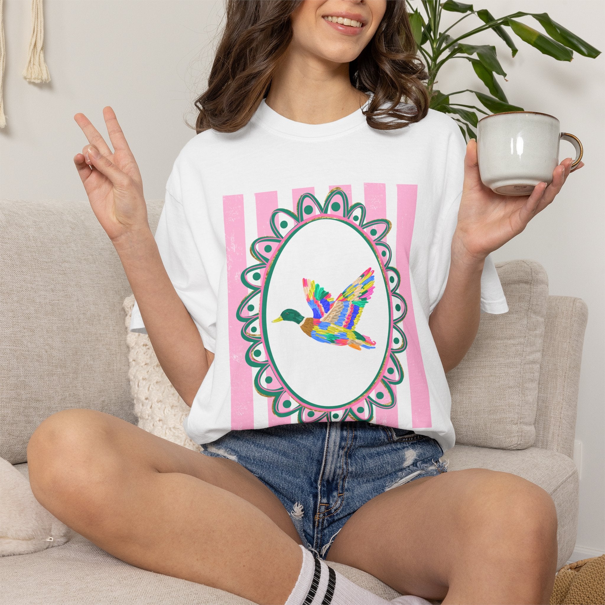 Duck Flying Floral Frame T-Shirt — Colorful Bird Graphic Tee