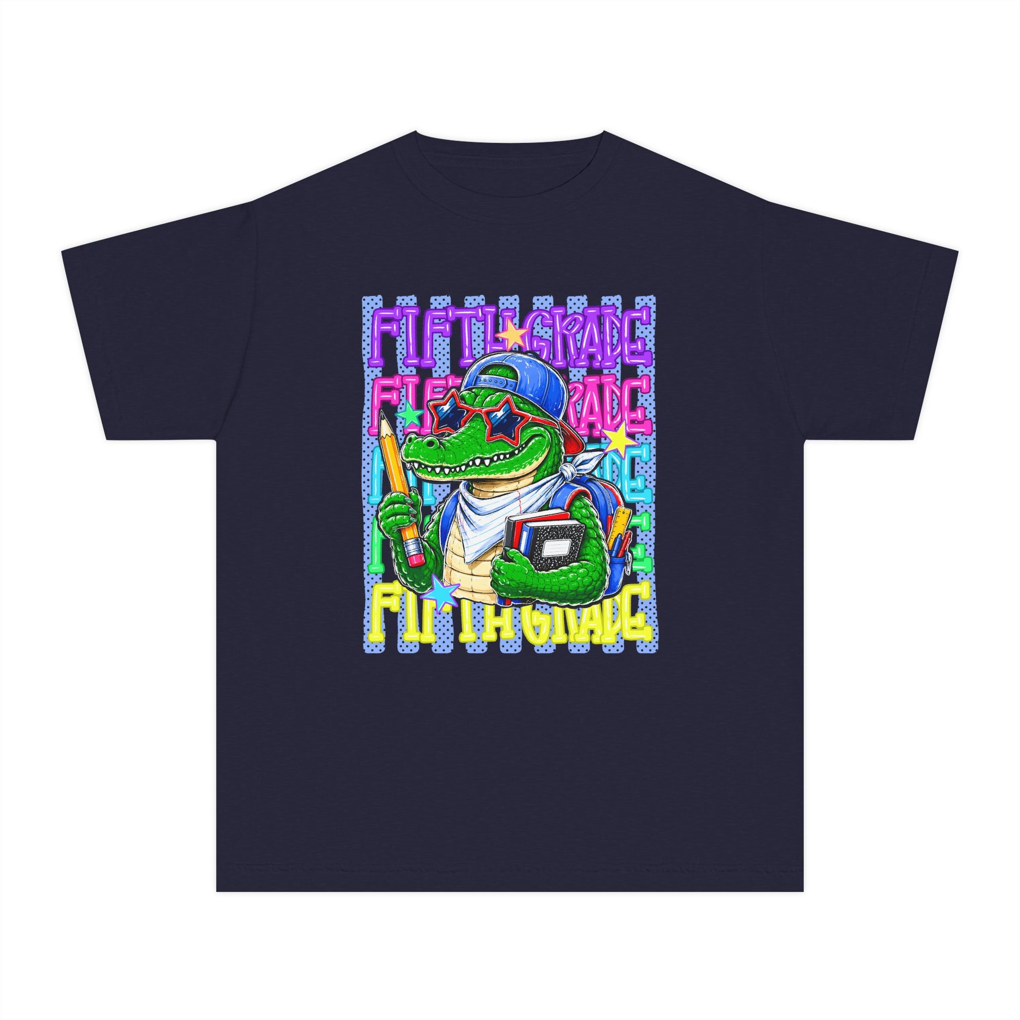 Youth Tee — Colorful Back-to-School Alligator Graphic "Fifth Grade"