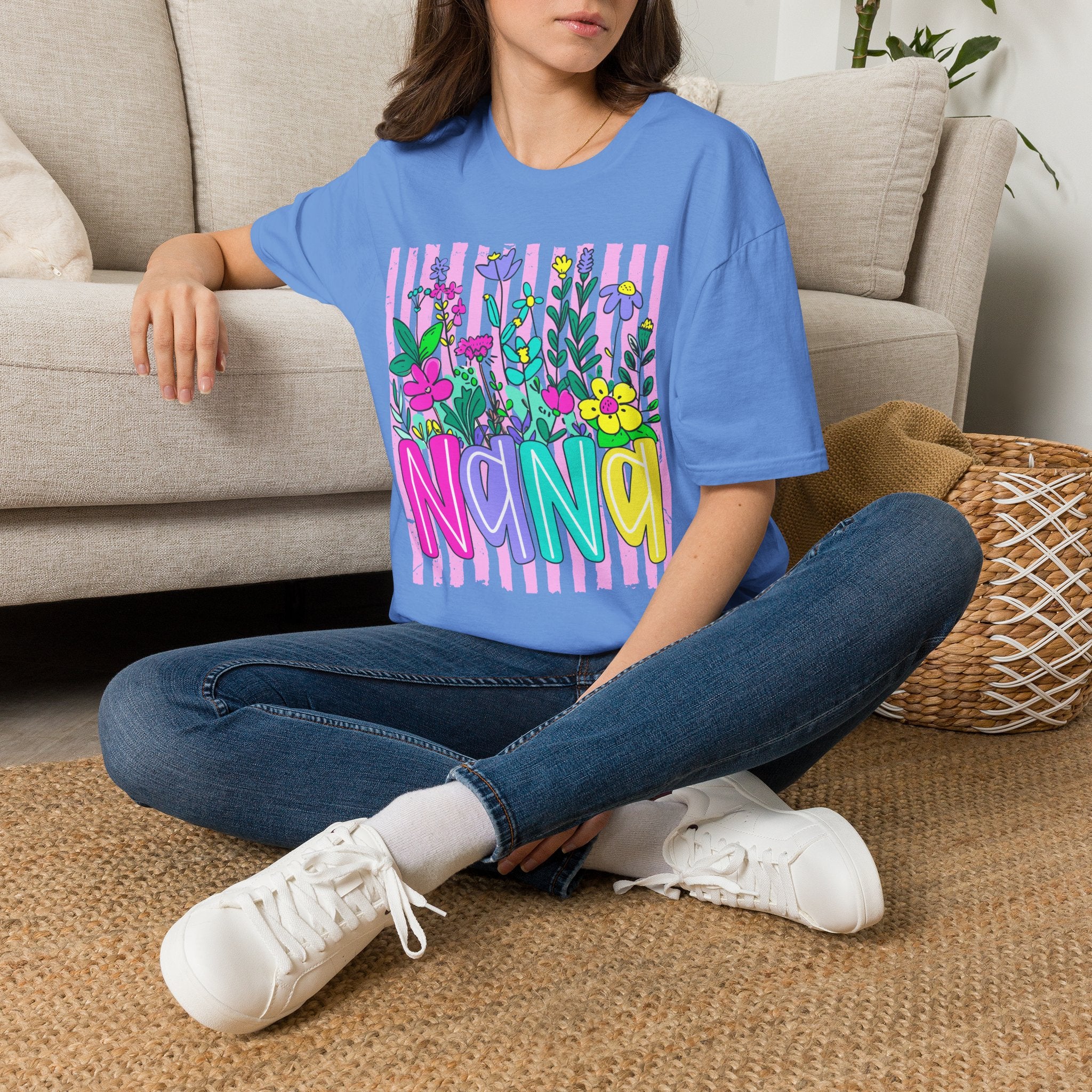 Floral Stripe "NANA" T-Shirt — Bright Garden Grandma Gift