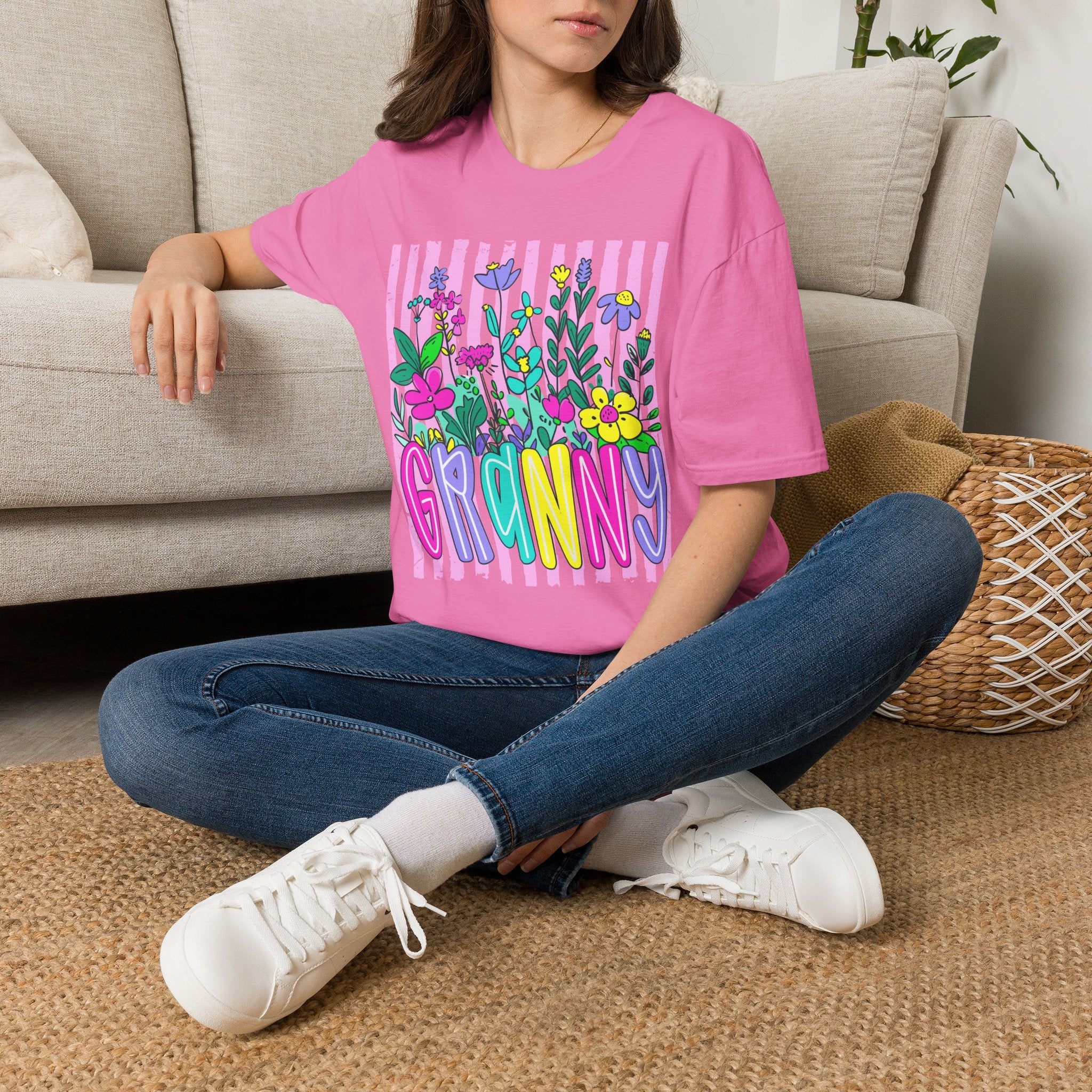 Granny Floral Graphic T-Shirt — Colorful Striped Bouquet Tee