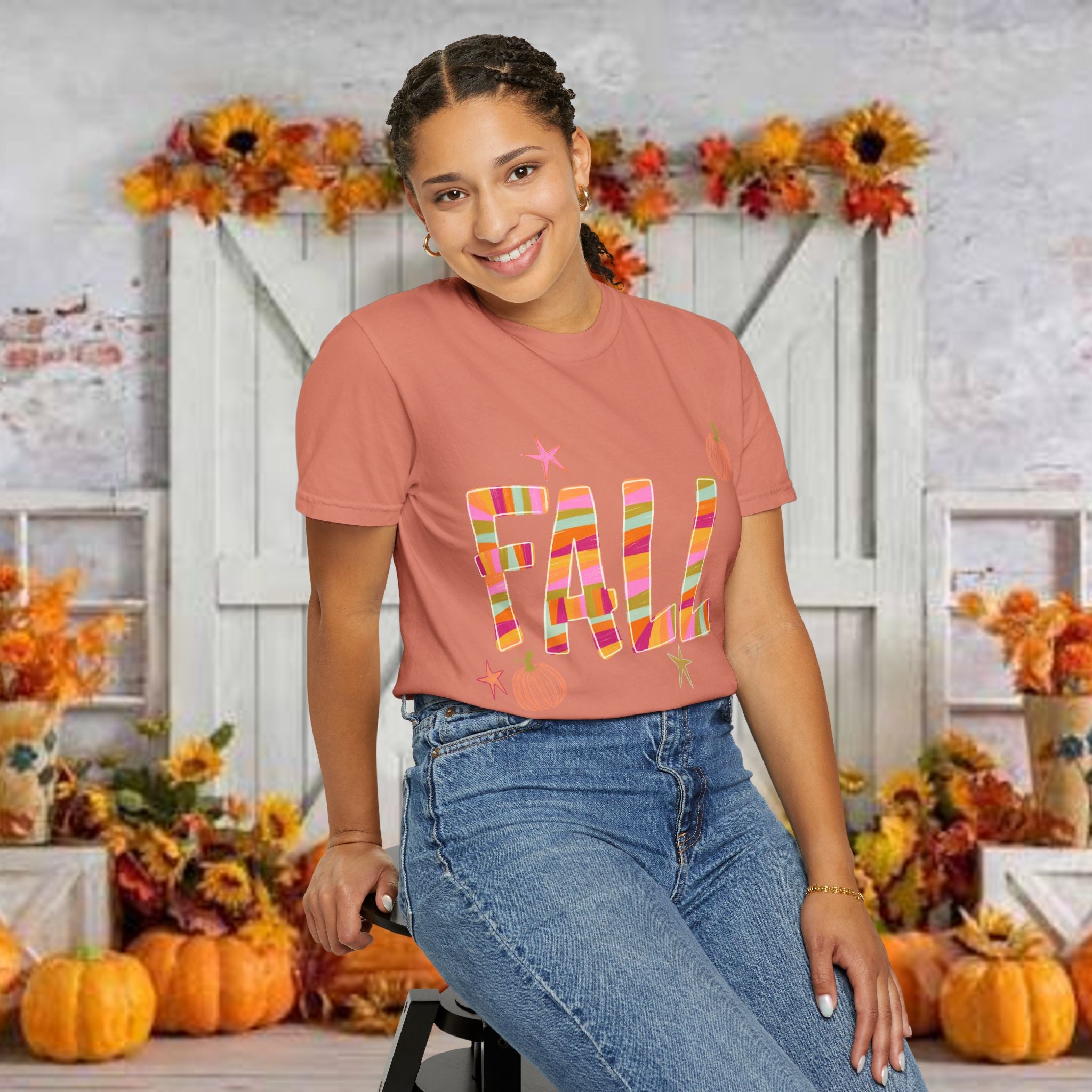 Fall Graphic T-Shirt — Colorful Pumpkin Plaid Autumn Tee