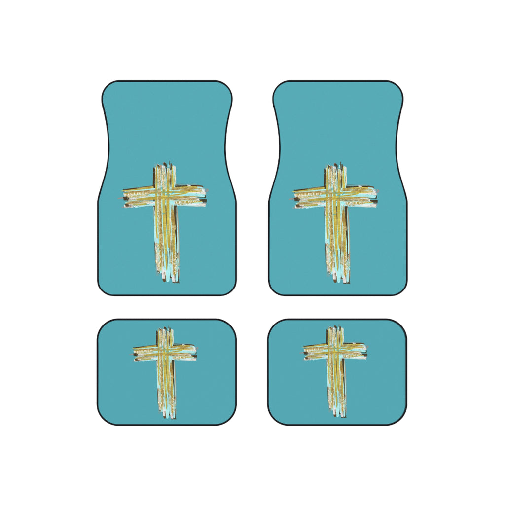 Religious Car Mats (Set of 4) — Teal Cross Non‑Slip Floor Mats