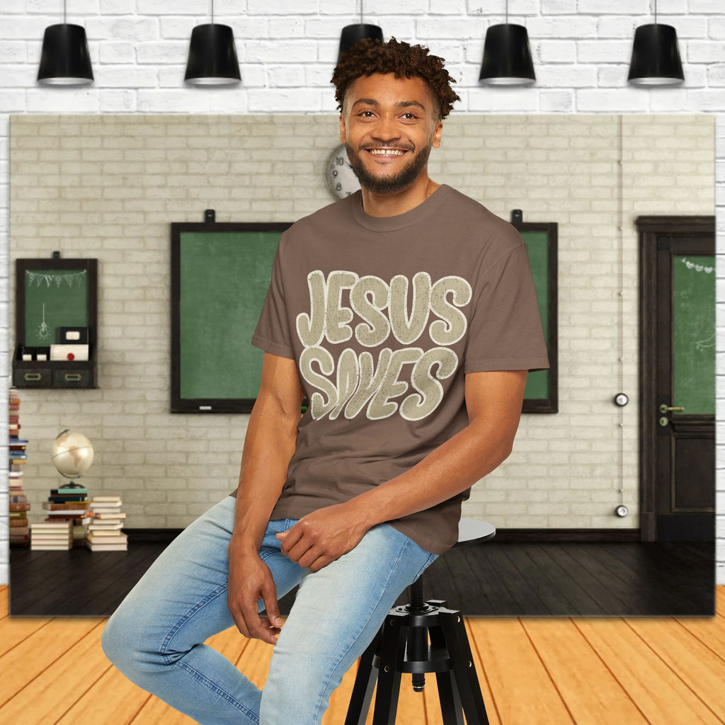 Jesus Saves T-Shirt — Retro Gold Script Christian Tee