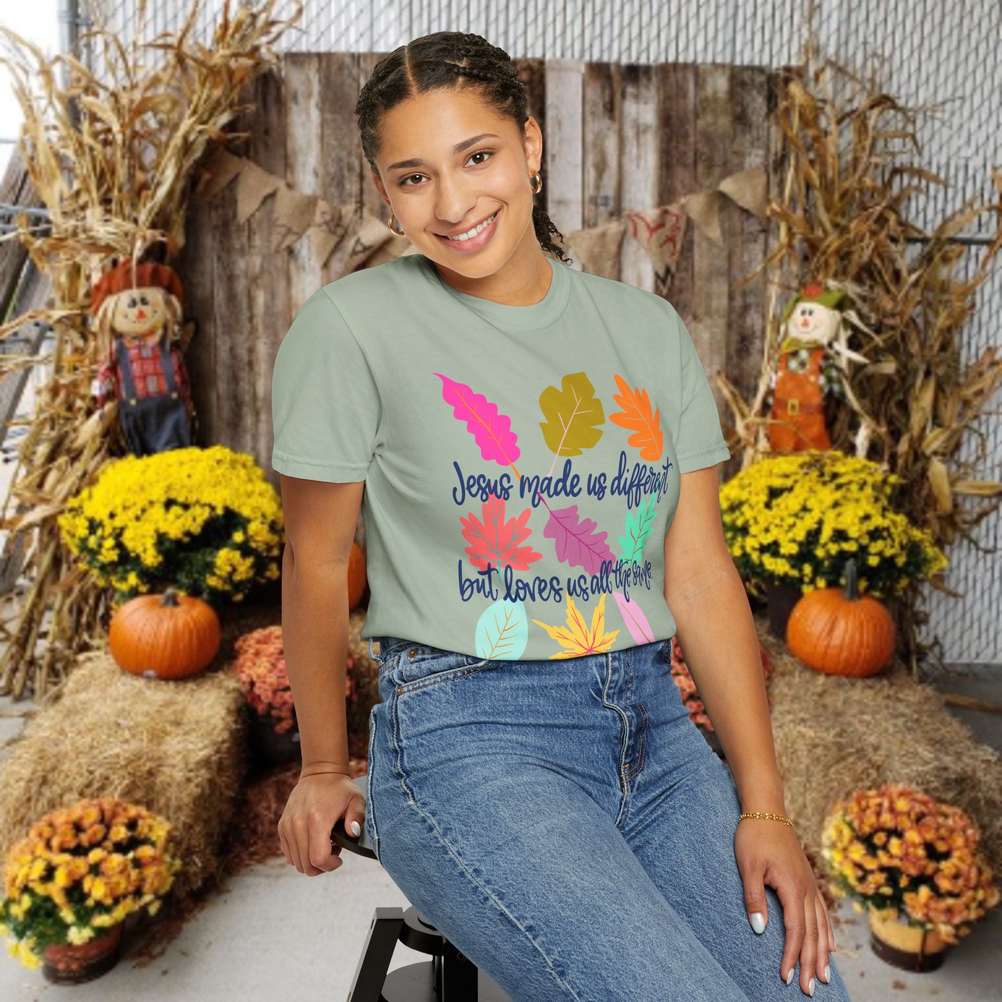 Christian Fall T-Shirt — "Jesus Made Us Different But Loves Us All The Same" (Colorful Leaves)