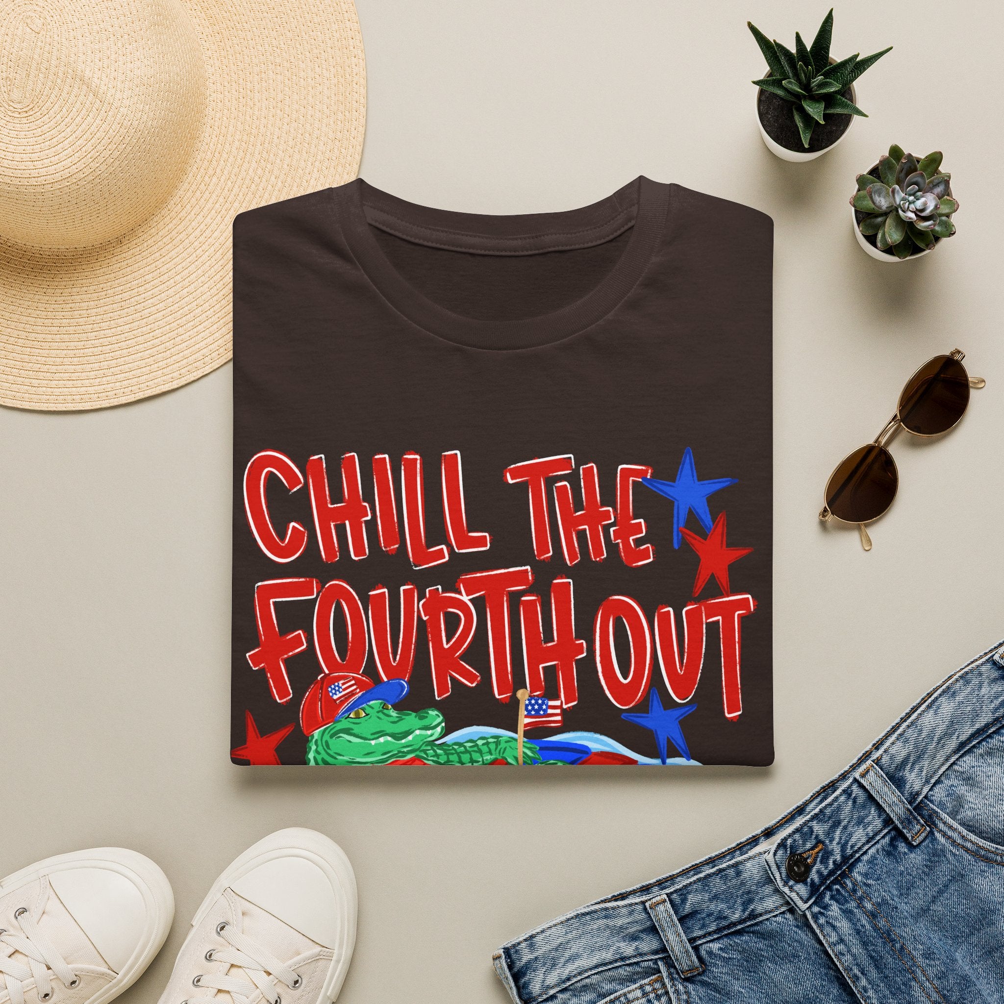 Chill the Fourth Out With Hat T-Shirt — Patriotic Alligator 4th of July Tee