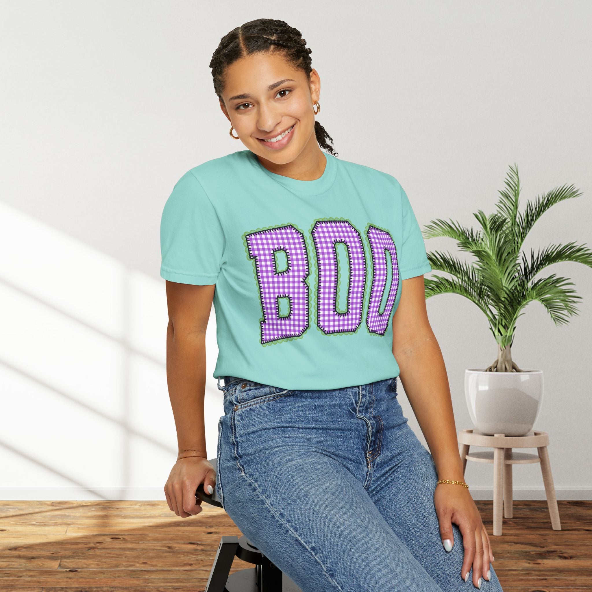 BOO Graphic T-Shirt — Purple Plaid Halloween Tee