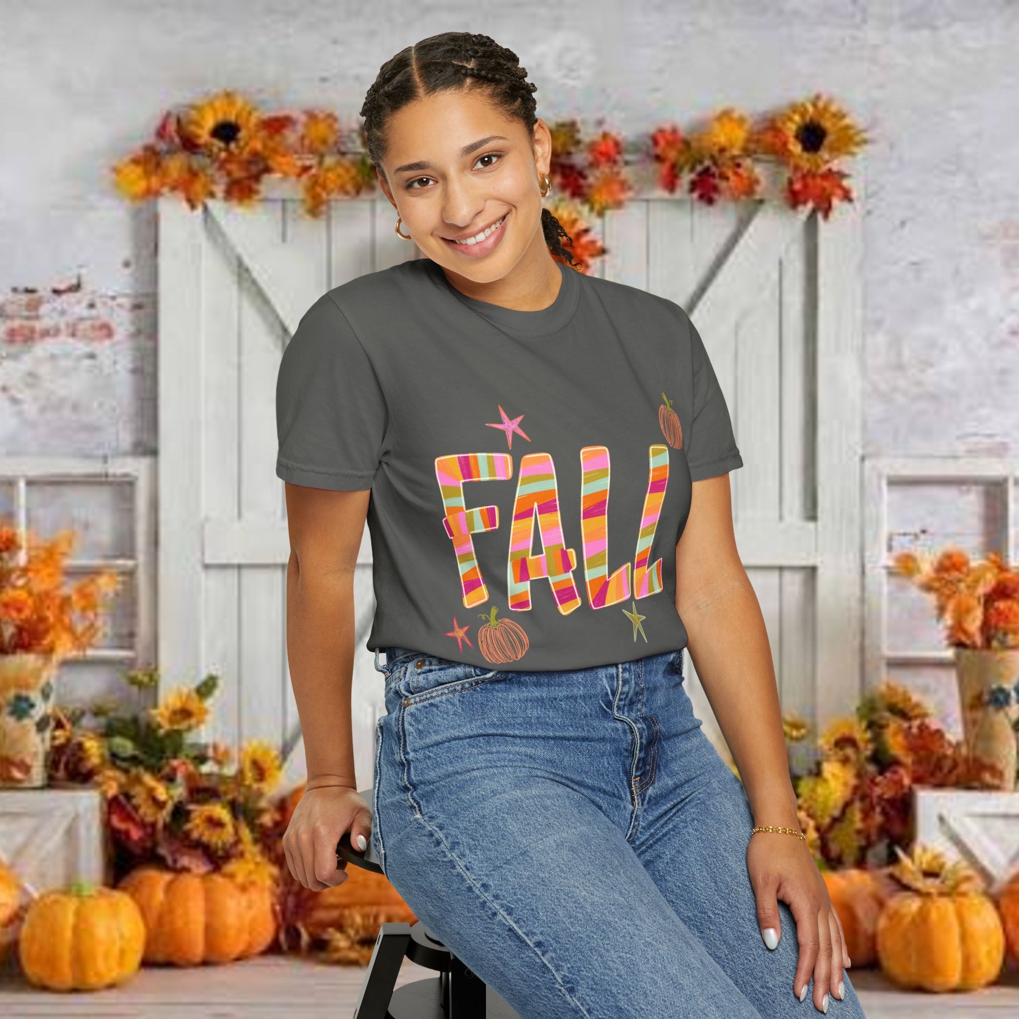 Fall Graphic T-Shirt — Colorful Pumpkin Plaid Autumn Tee