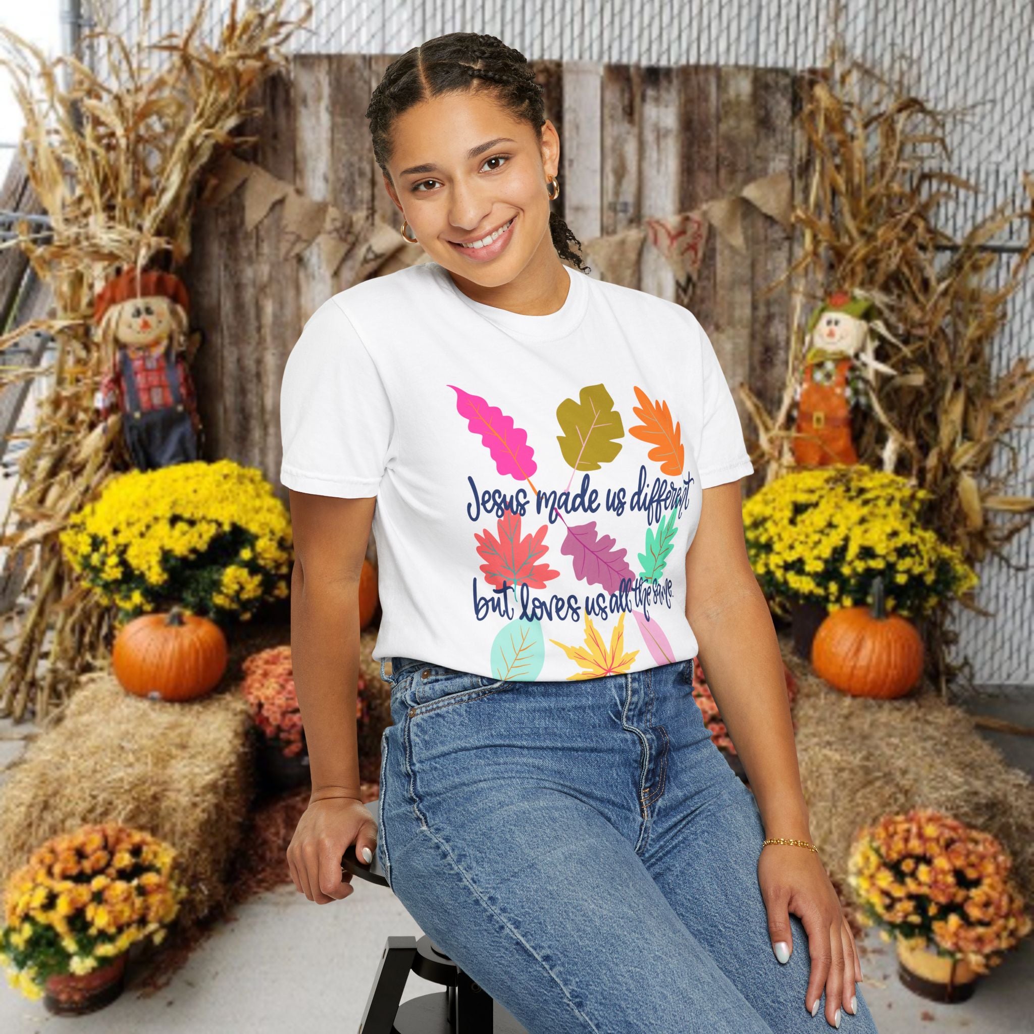 Christian Fall T-Shirt — "Jesus Made Us Different But Loves Us All The Same" (Colorful Leaves)