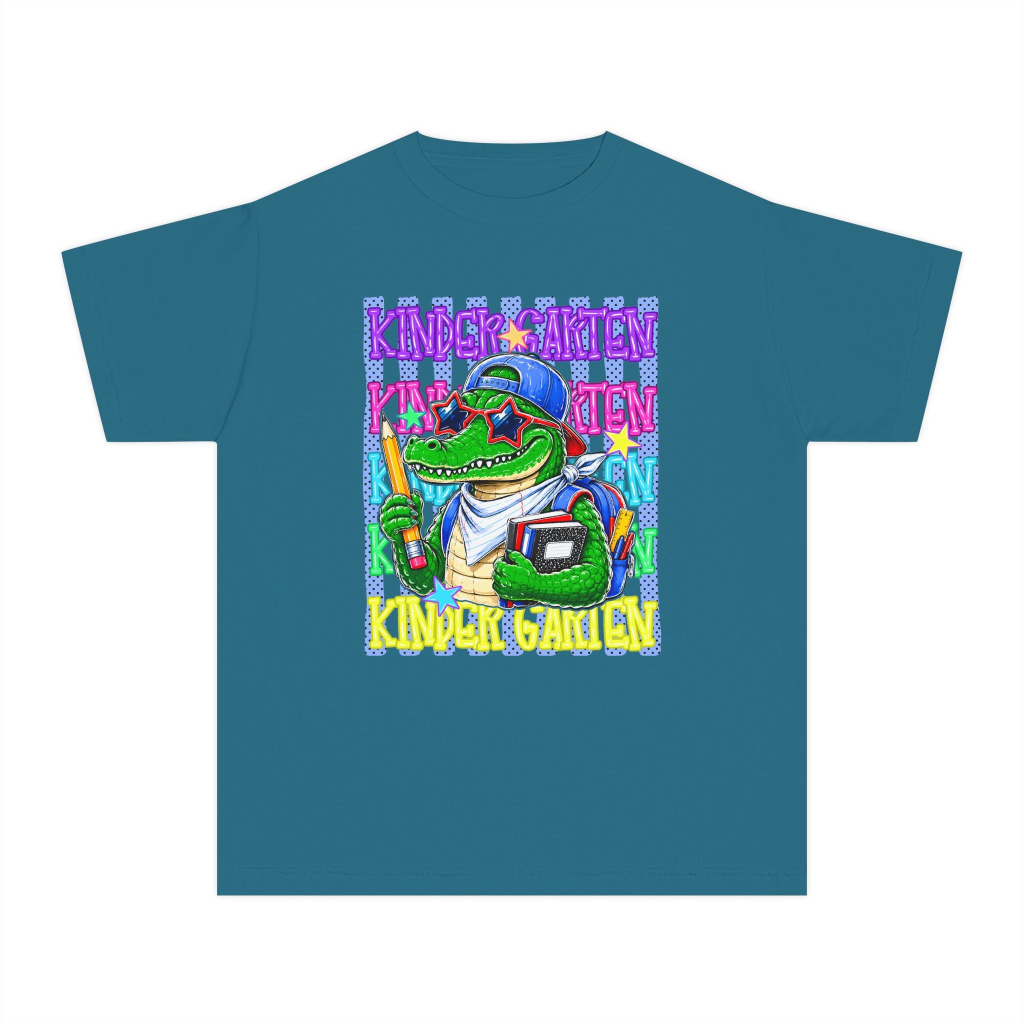 Kids Gator Teacher Tee — "Kindergarten" Colorful Alligator School Shirt