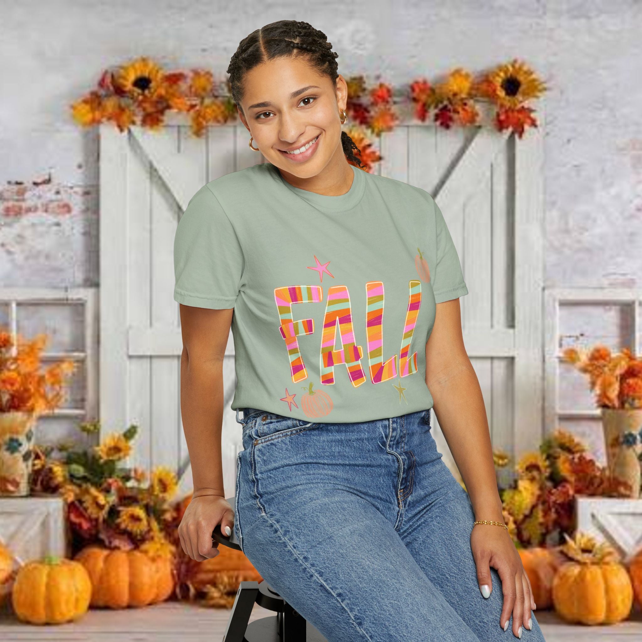 Fall Graphic T-Shirt — Colorful Pumpkin Plaid Autumn Tee