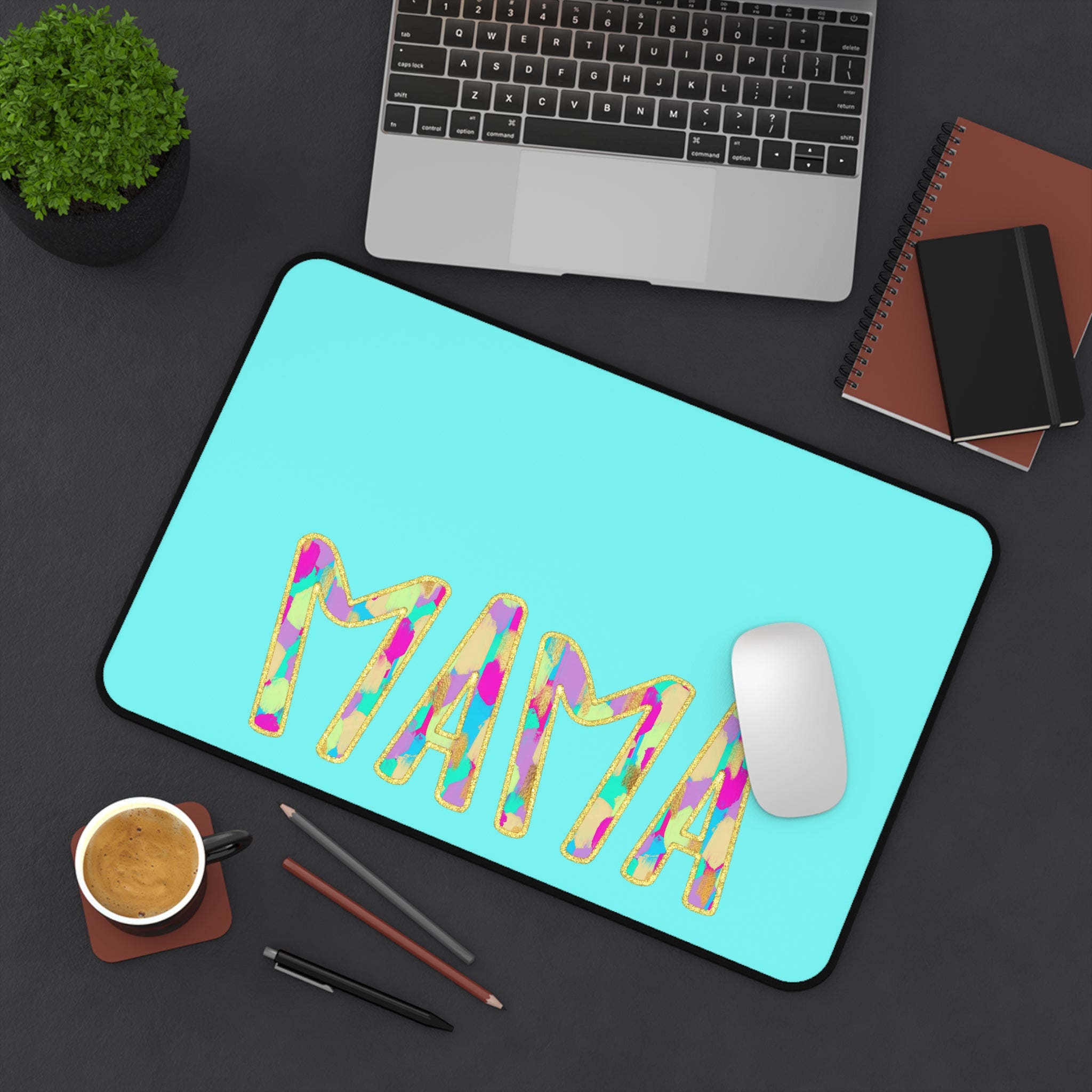 Mama Desk Mat — Bright Turquoise Mouse Pad with Colorful 'MAMA' Lettering, Mother's Day Gift