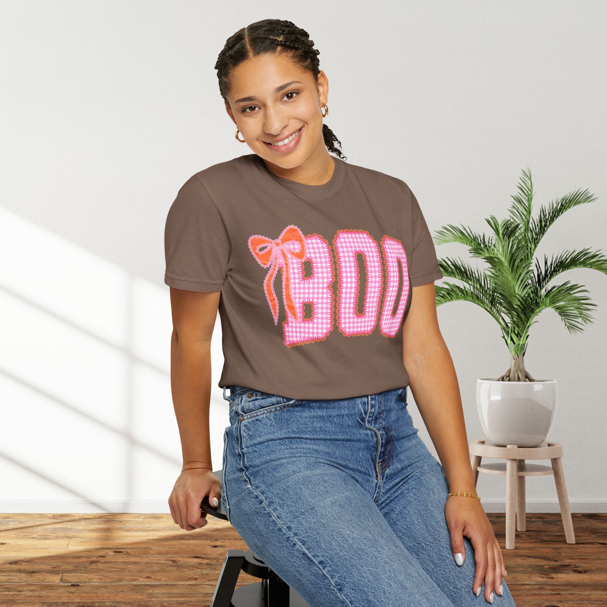 Boo Pink Gingham Graphic T-Shirt with bow