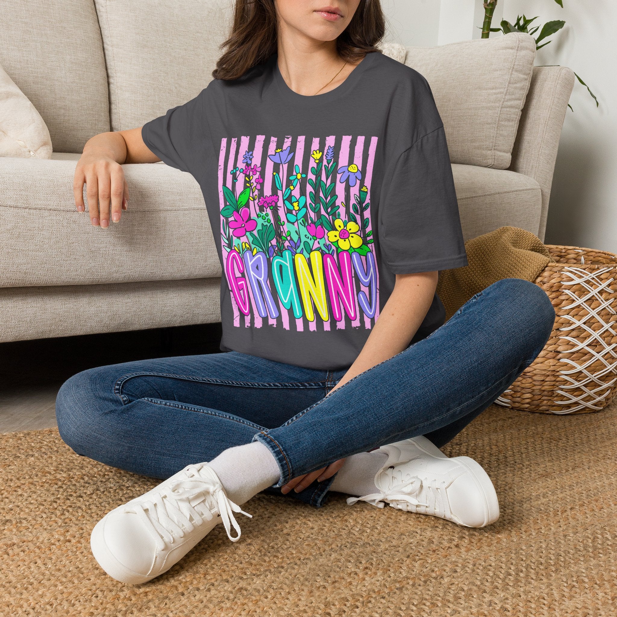 Granny Floral Graphic T-Shirt — Colorful Striped Bouquet Tee