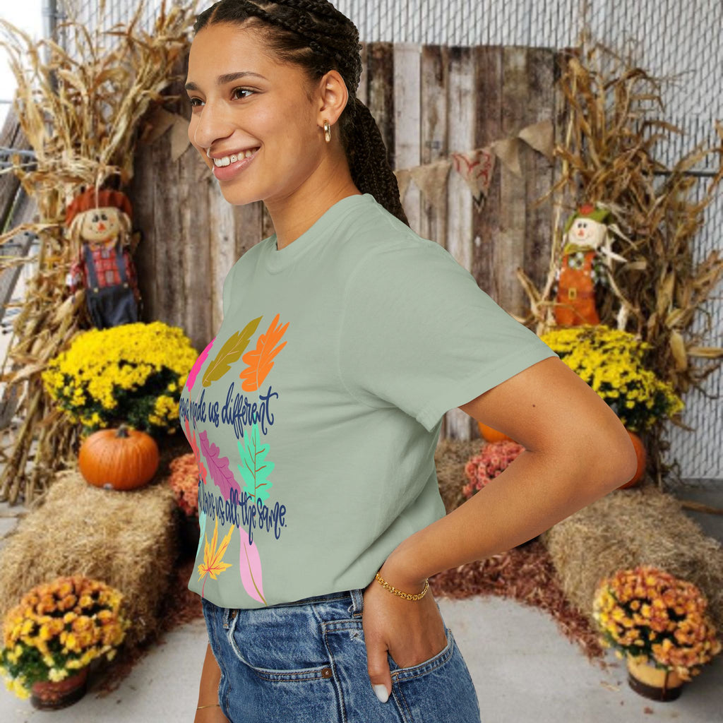 Christian Fall T-Shirt — "Jesus Made Us Different But Loves Us All The Same" (Colorful Leaves)