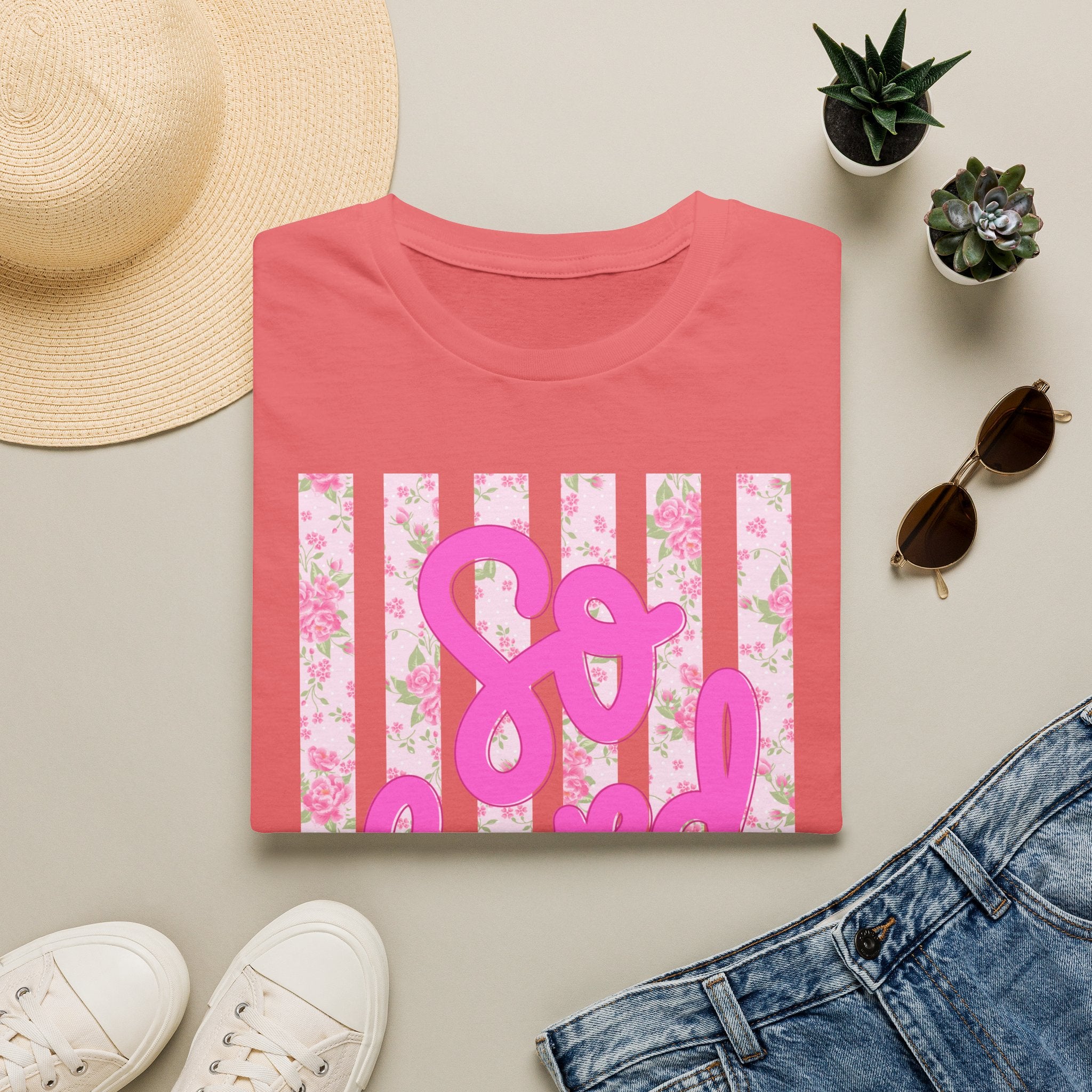 "So Loved" Pink Script Floral Stripe Graphic Tee