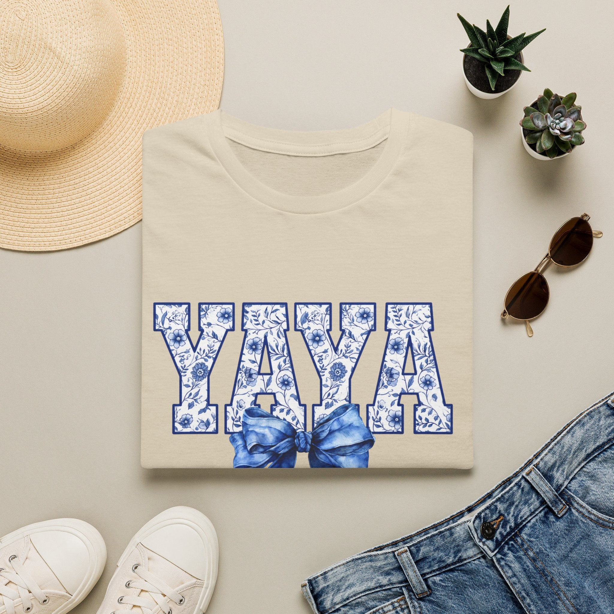 Yaya Floral Block Tee — 'YAYA' Blue Floral Design with Bow