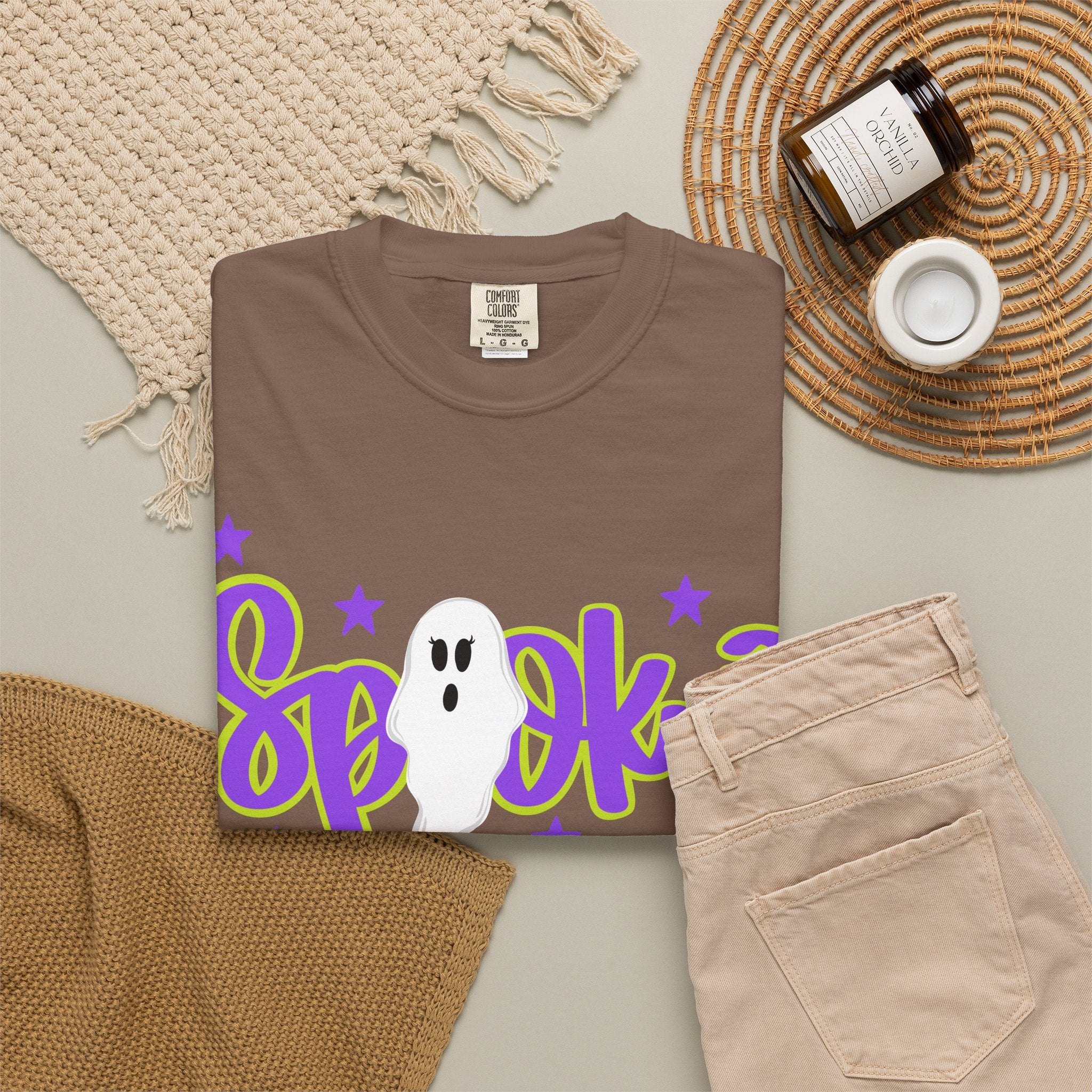 Spooky Ghost Halloween T-Shirt — Orange Graphic Tee with Cute Ghost & Stars