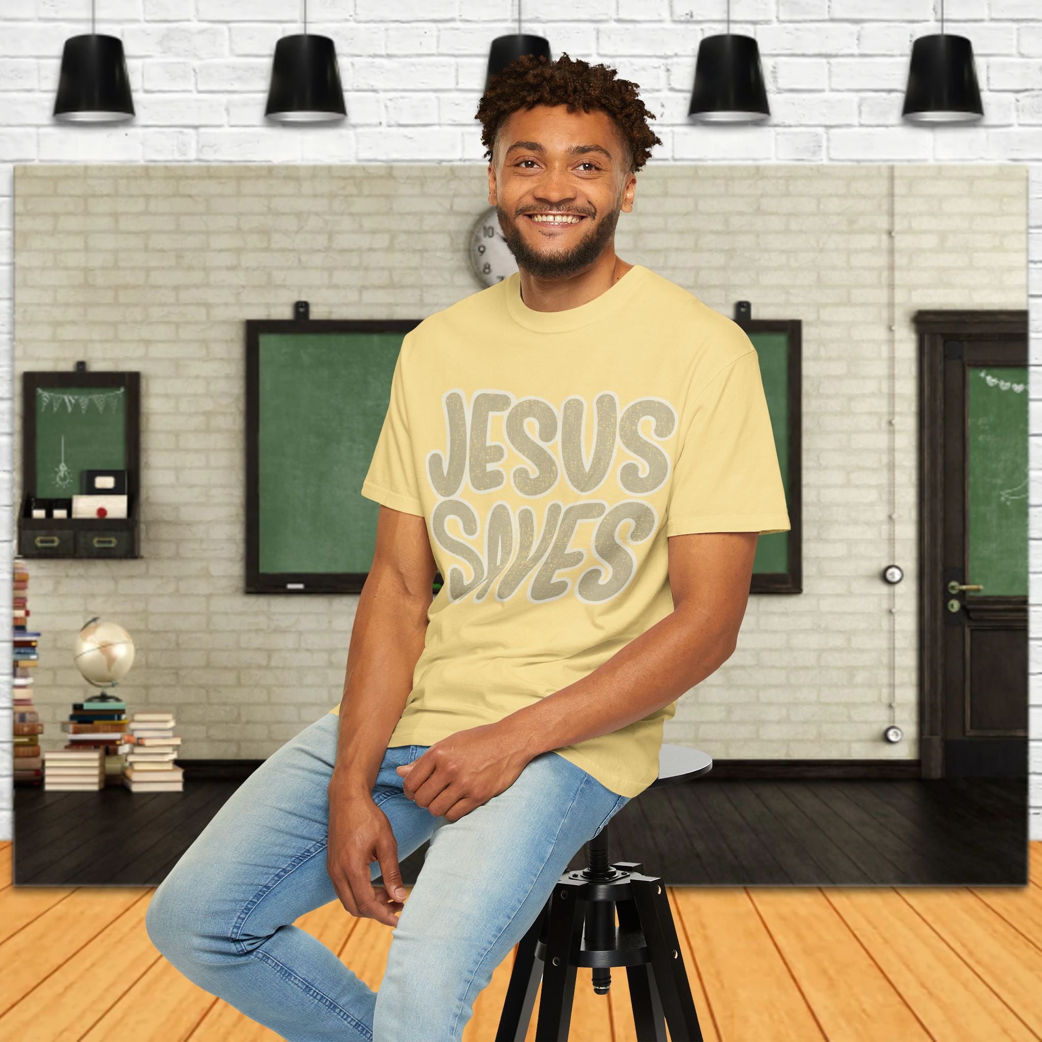 Jesus Saves T-Shirt — Retro Gold Script Christian Tee