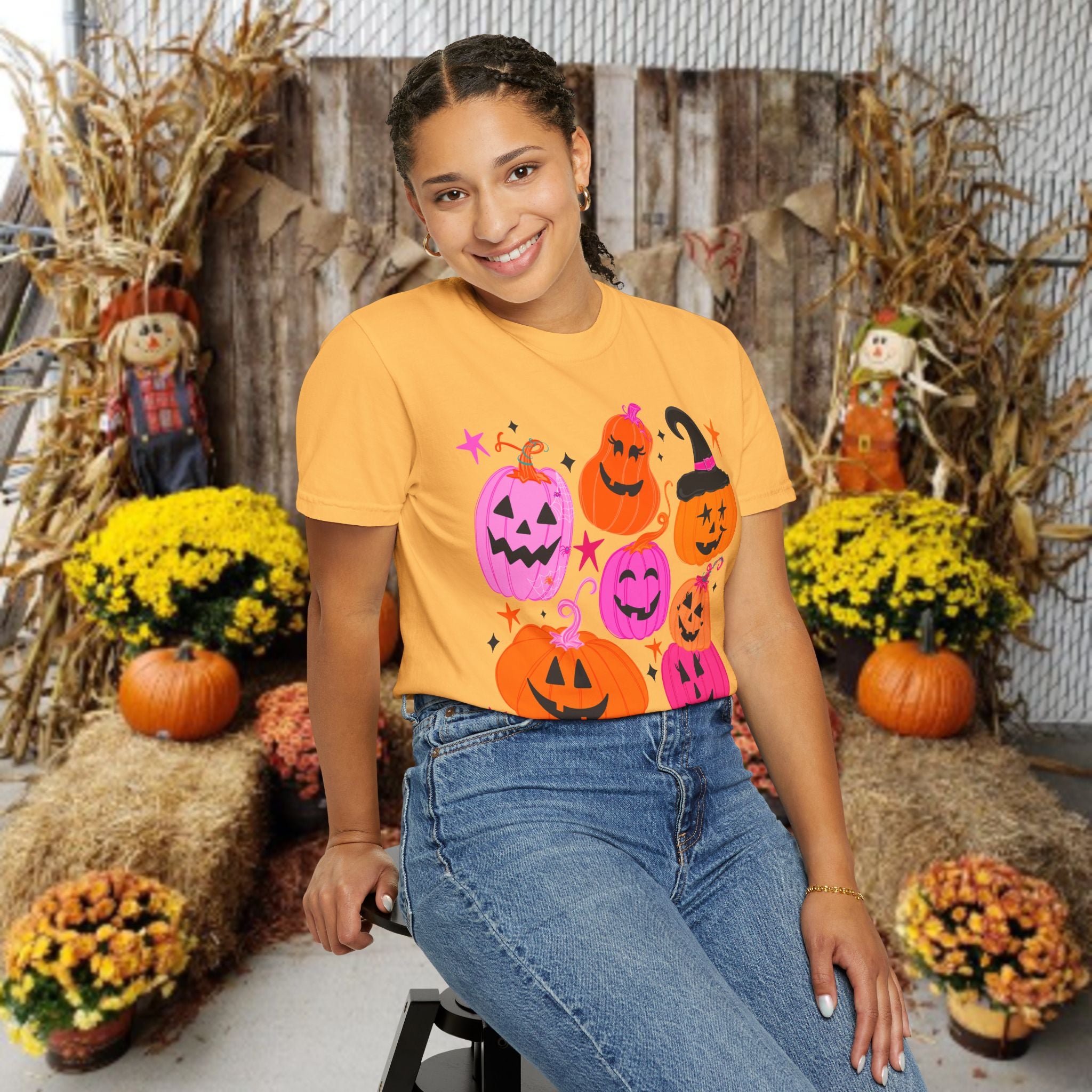 Halloween Pumpkins T-Shirt — Cute Pink & Orange Jack-O'-Lanterns