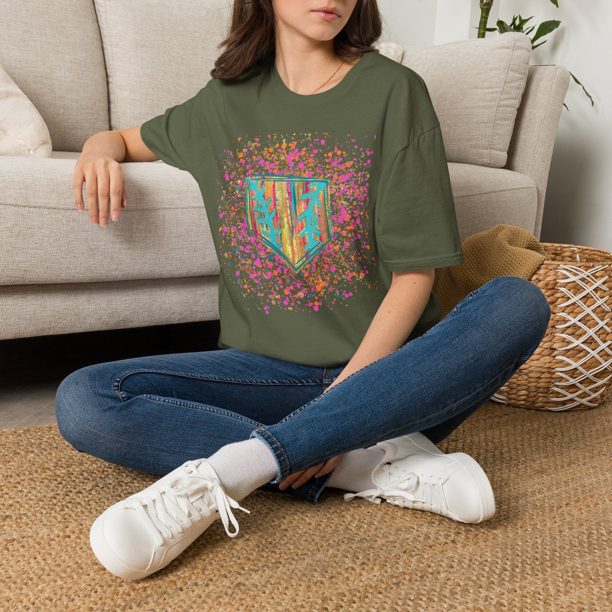 Colorful Floral Shield T-Shirt — Boho Painted Crest Graphic Tee