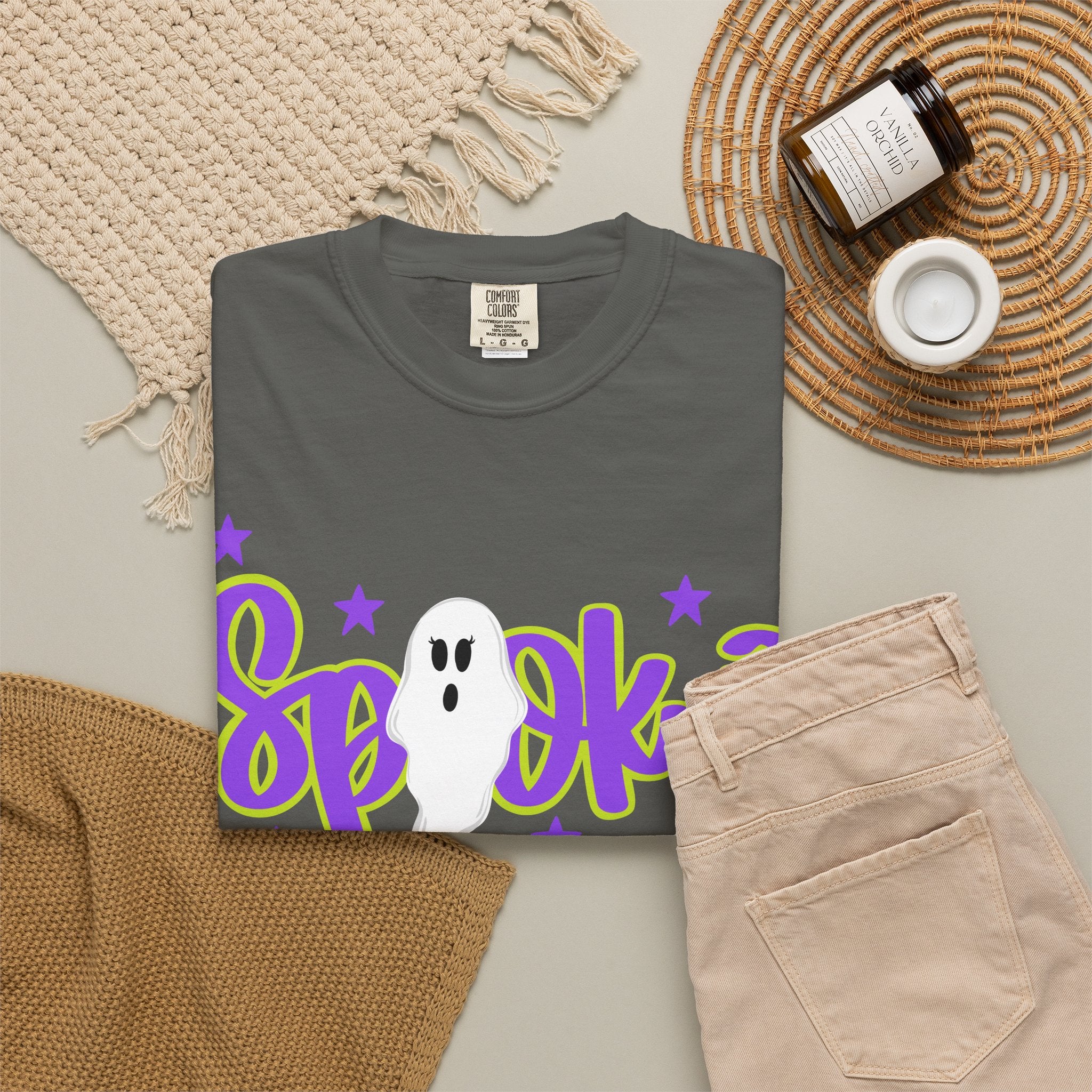 Spooky Ghost Halloween T-Shirt — Orange Graphic Tee with Cute Ghost & Stars