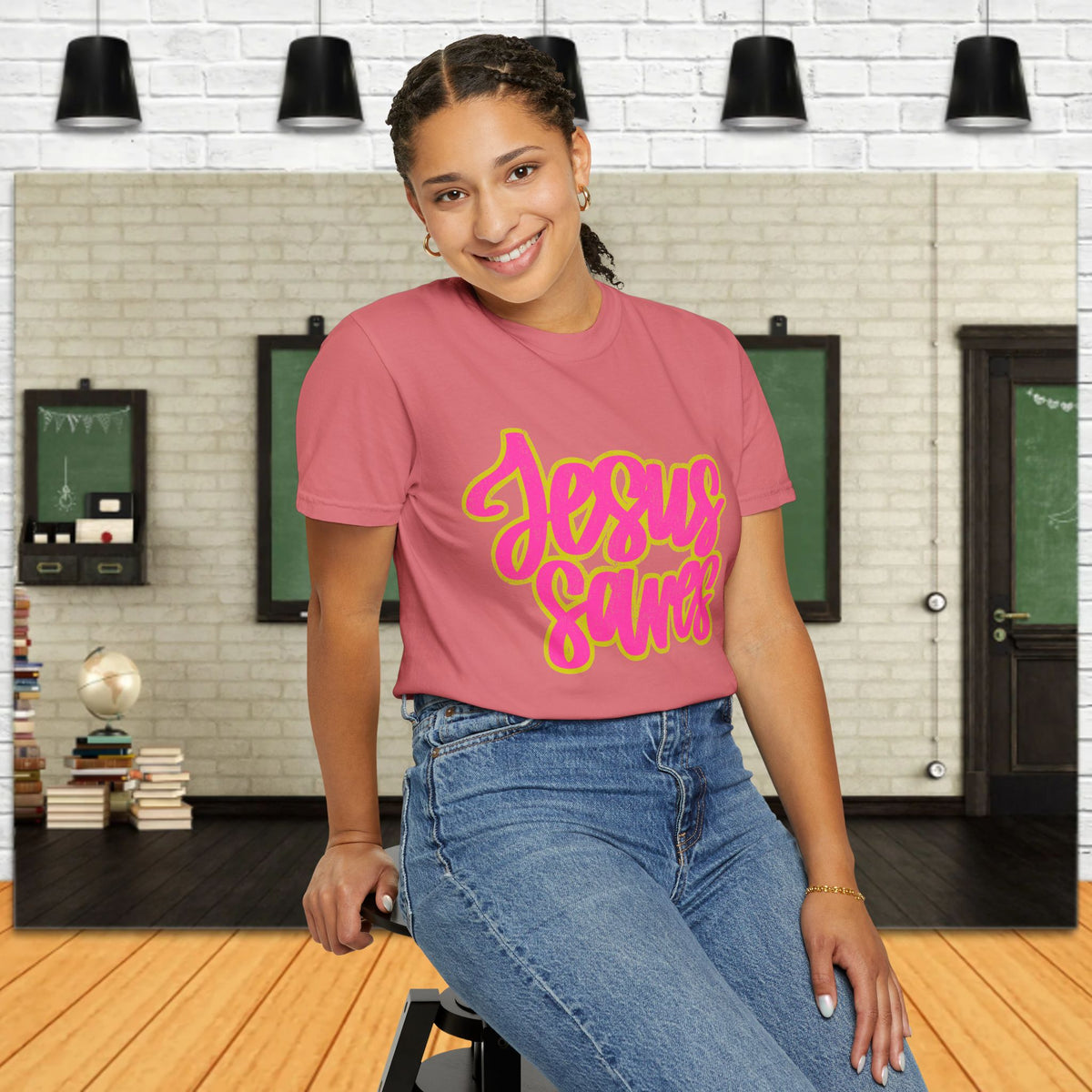 Jesus Saves T‑Shirt — Bright Pink & Green Christian Graphic Tee
