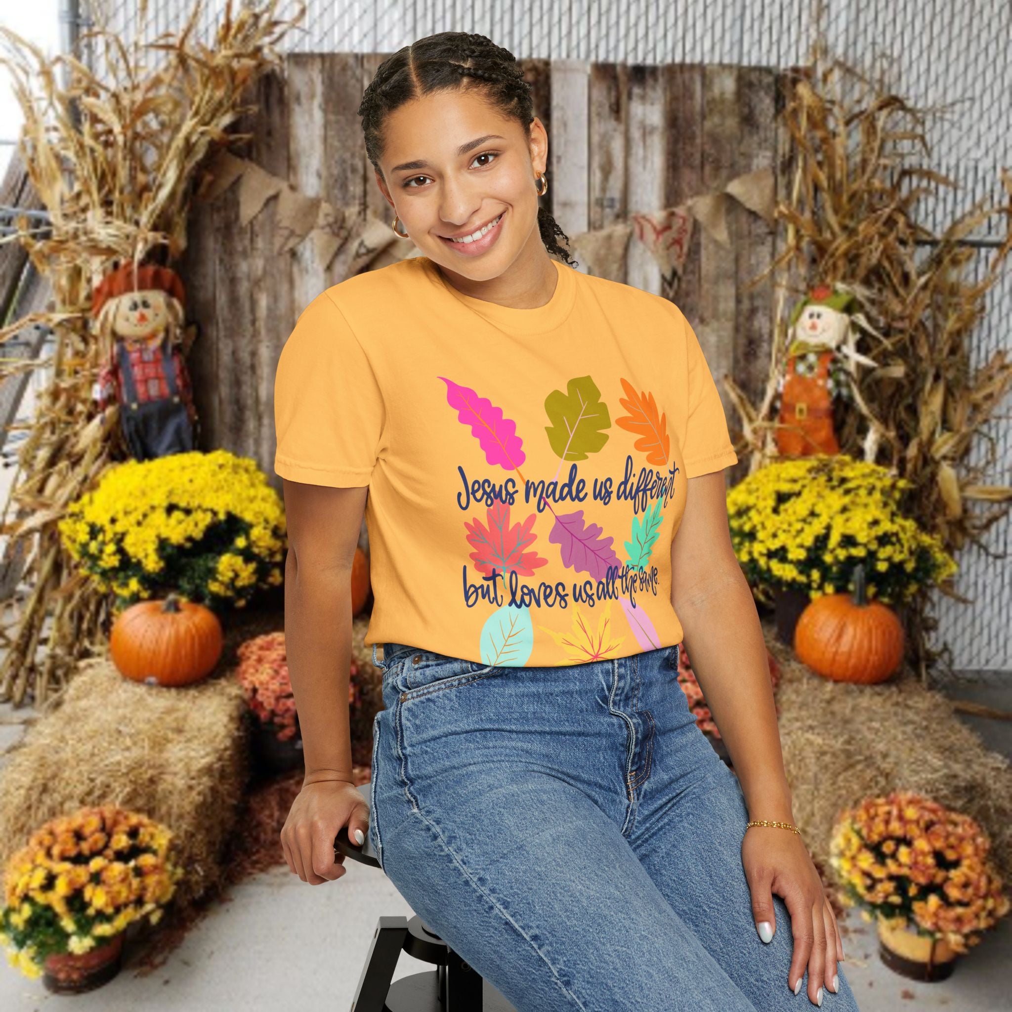 Christian Fall T-Shirt — "Jesus Made Us Different But Loves Us All The Same" (Colorful Leaves)