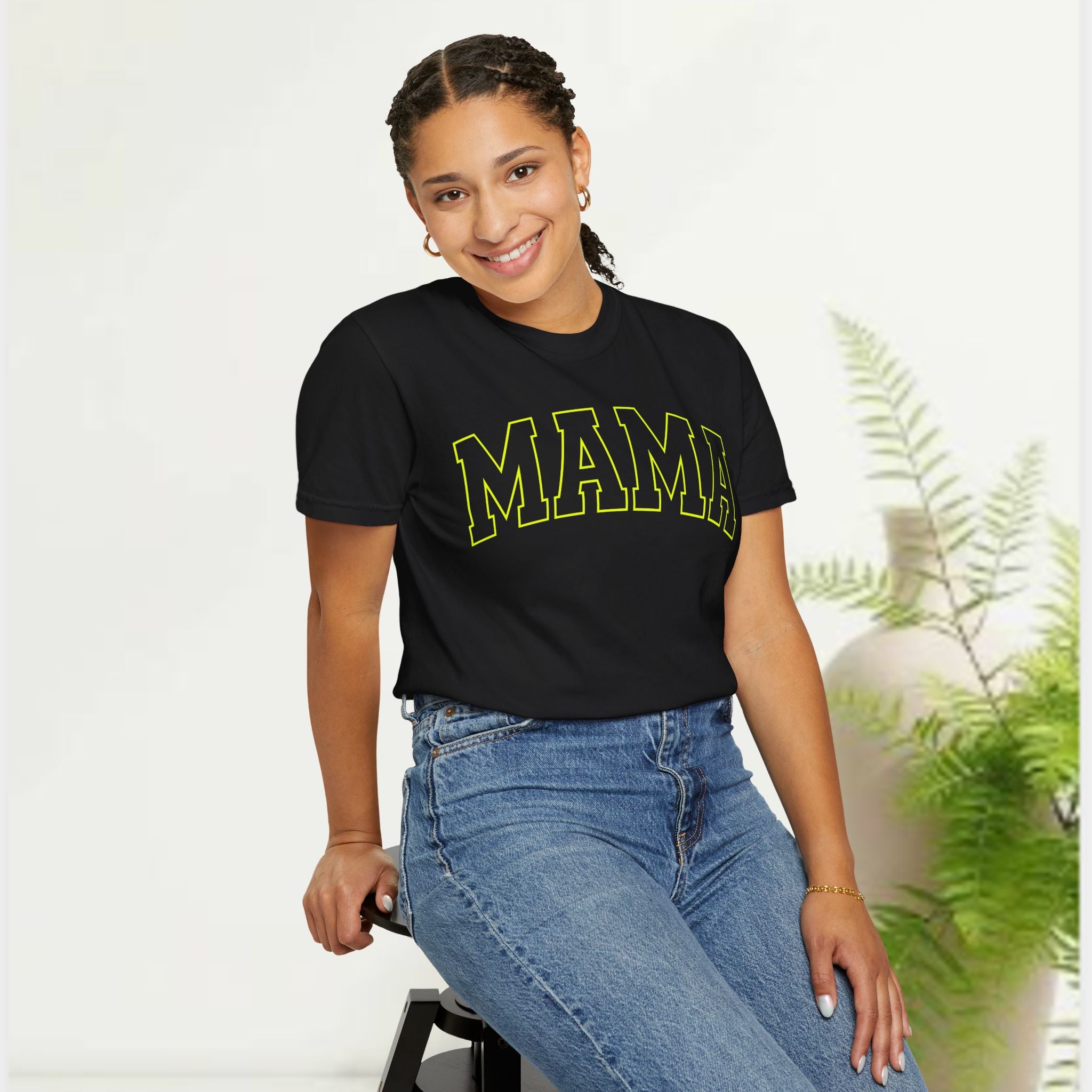 Mama Yellow Graphic T-Shirt — Vintage Collegiate Mom Tee