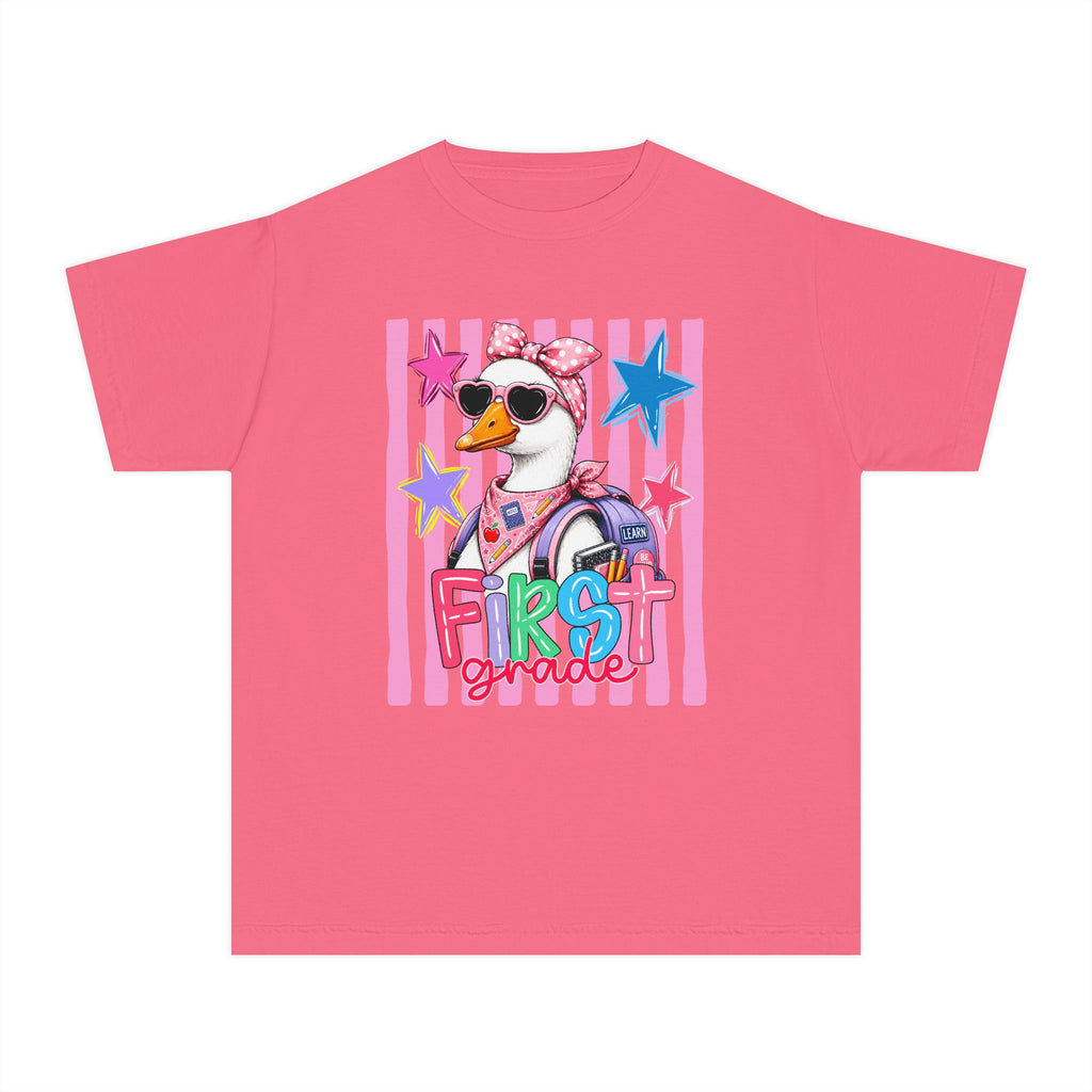 First Grade Girl Duck Graphic Youth Tee — Cute Back-to-School Shirt for Kids