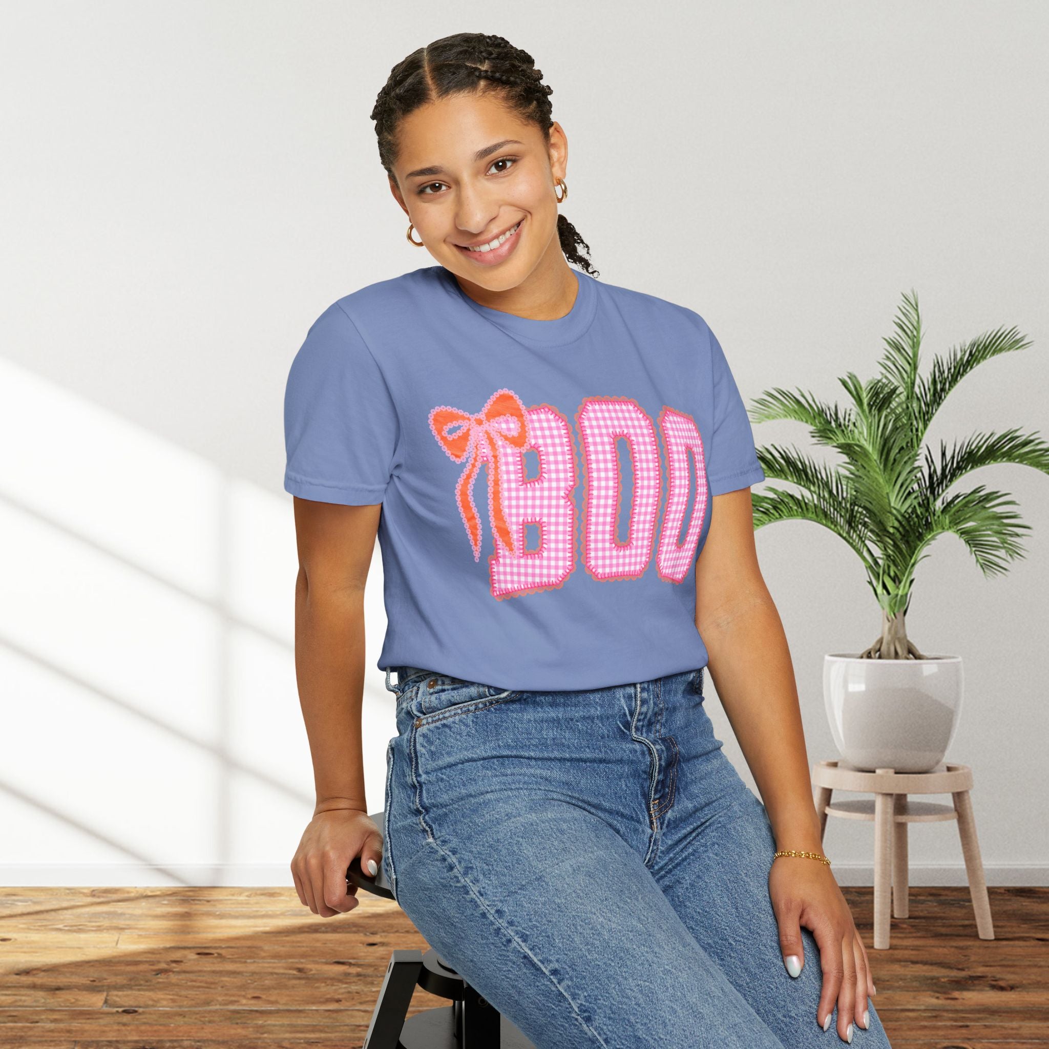 Boo Pink Gingham Graphic T-Shirt with bow