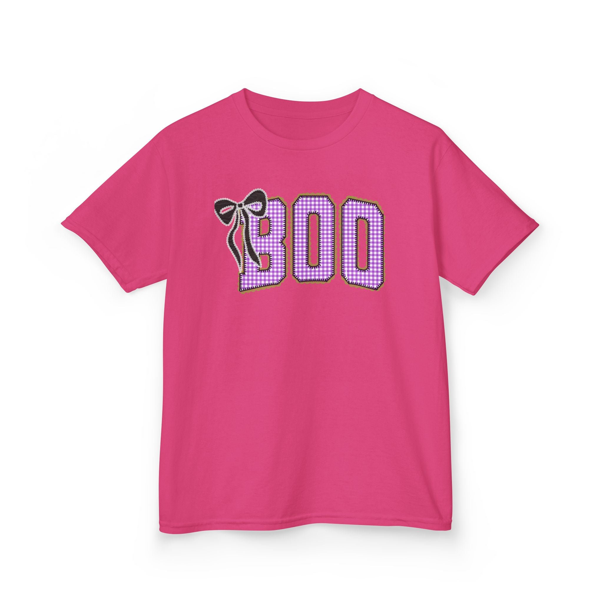 Kids Tee — 'BOO' Purple Gingham Halloween Shirt with Bat Accent