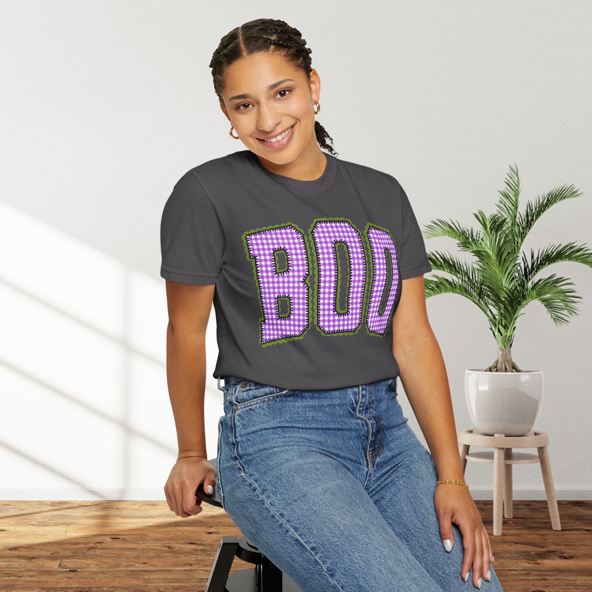 BOO Graphic T-Shirt — Purple Plaid Halloween Tee