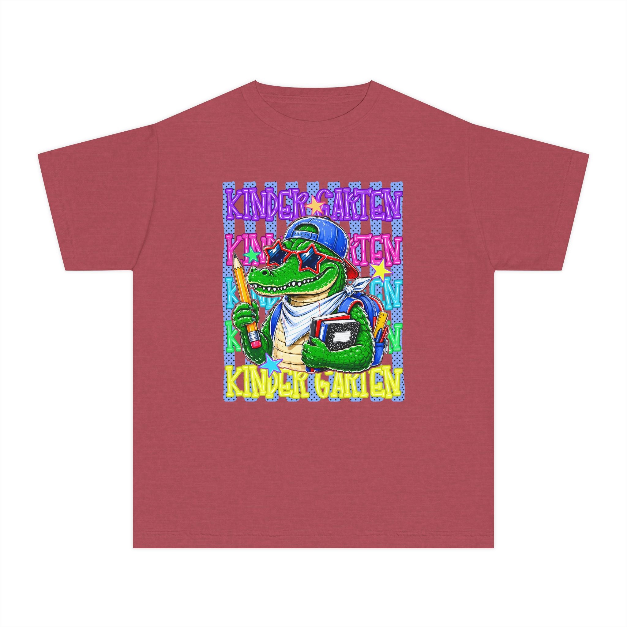 Kids Gator Teacher Tee — "Kindergarten" Colorful Alligator School Shirt