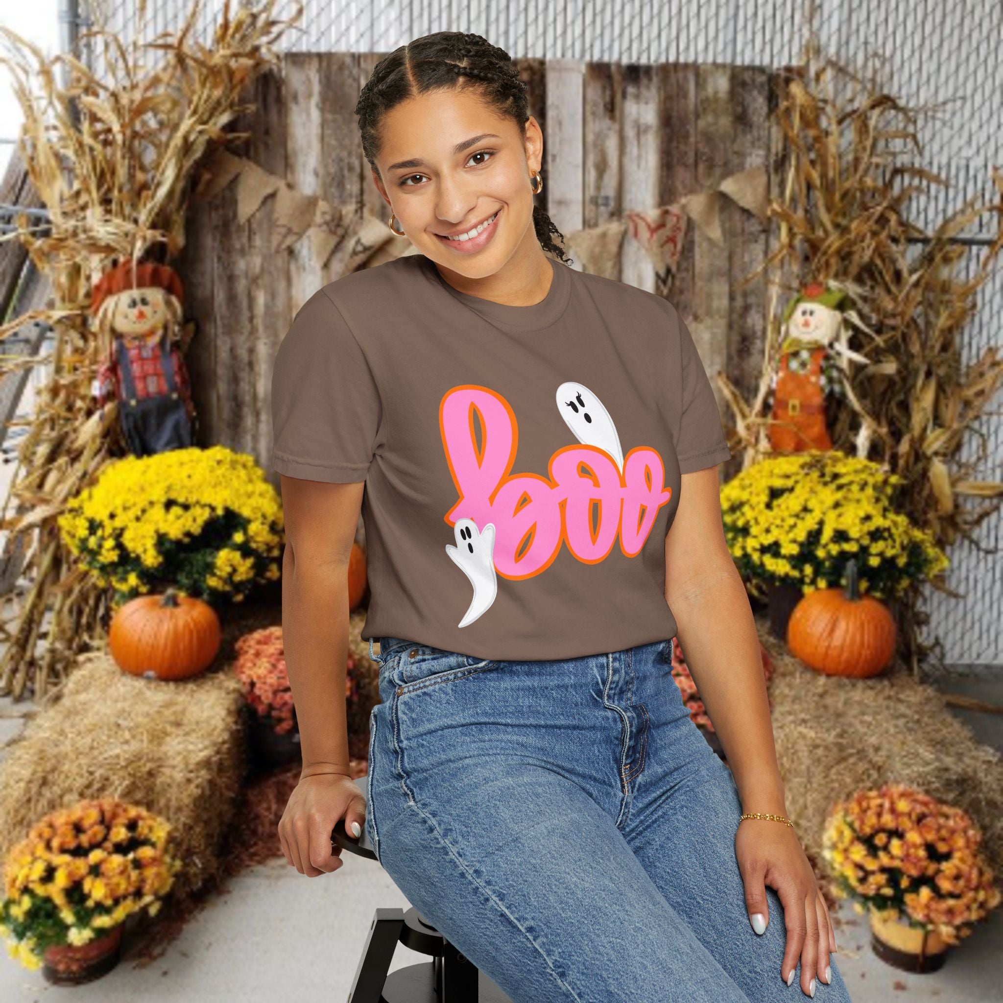 Boo Ghost Graphic T-Shirt — Pink Script Halloween Tee