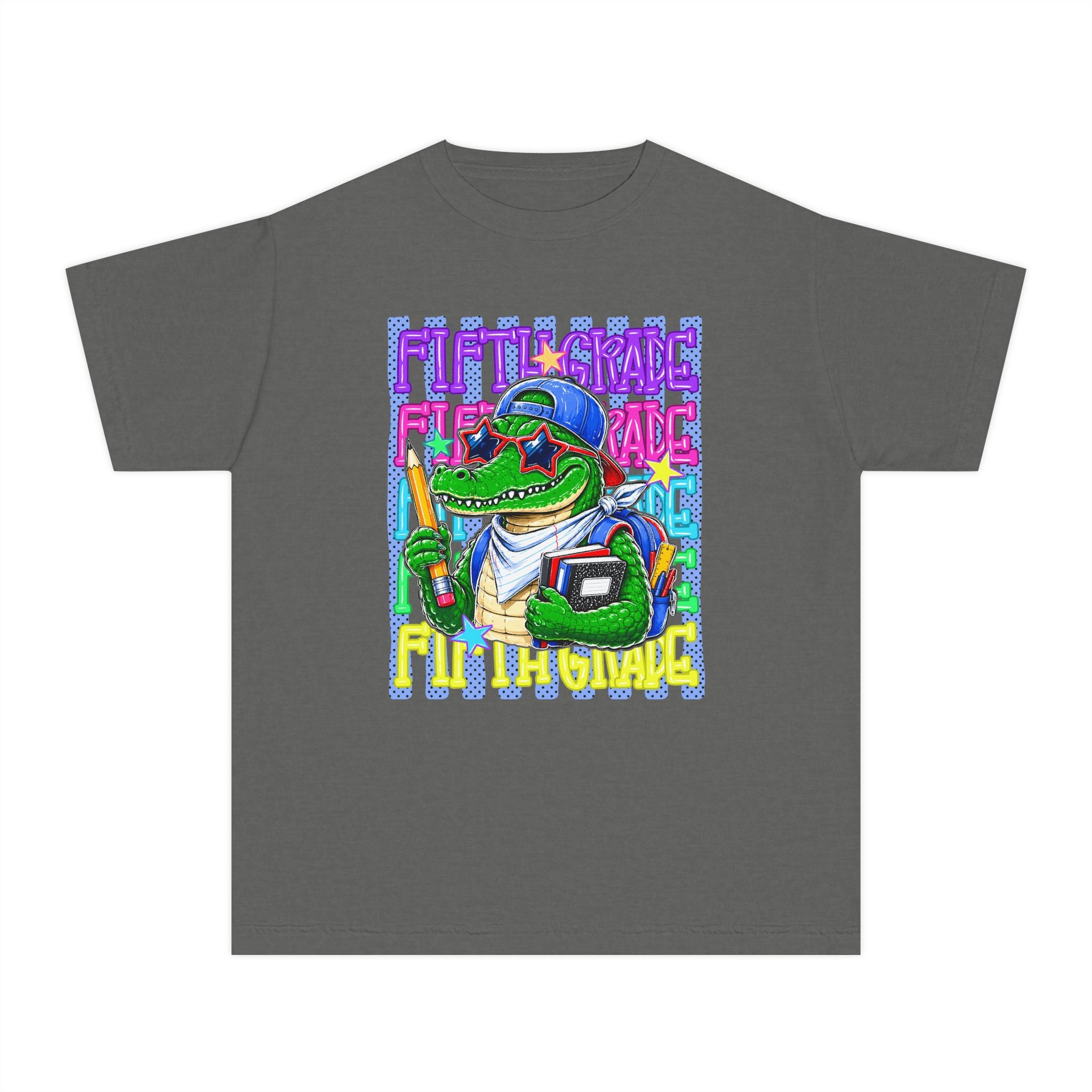 Youth Tee — Colorful Back-to-School Alligator Graphic "Fifth Grade"