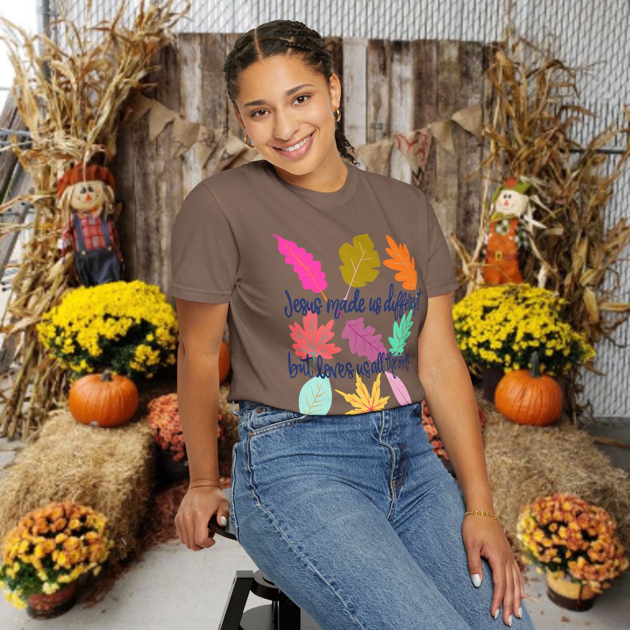 Christian Fall T-Shirt — "Jesus Made Us Different But Loves Us All The Same" (Colorful Leaves)