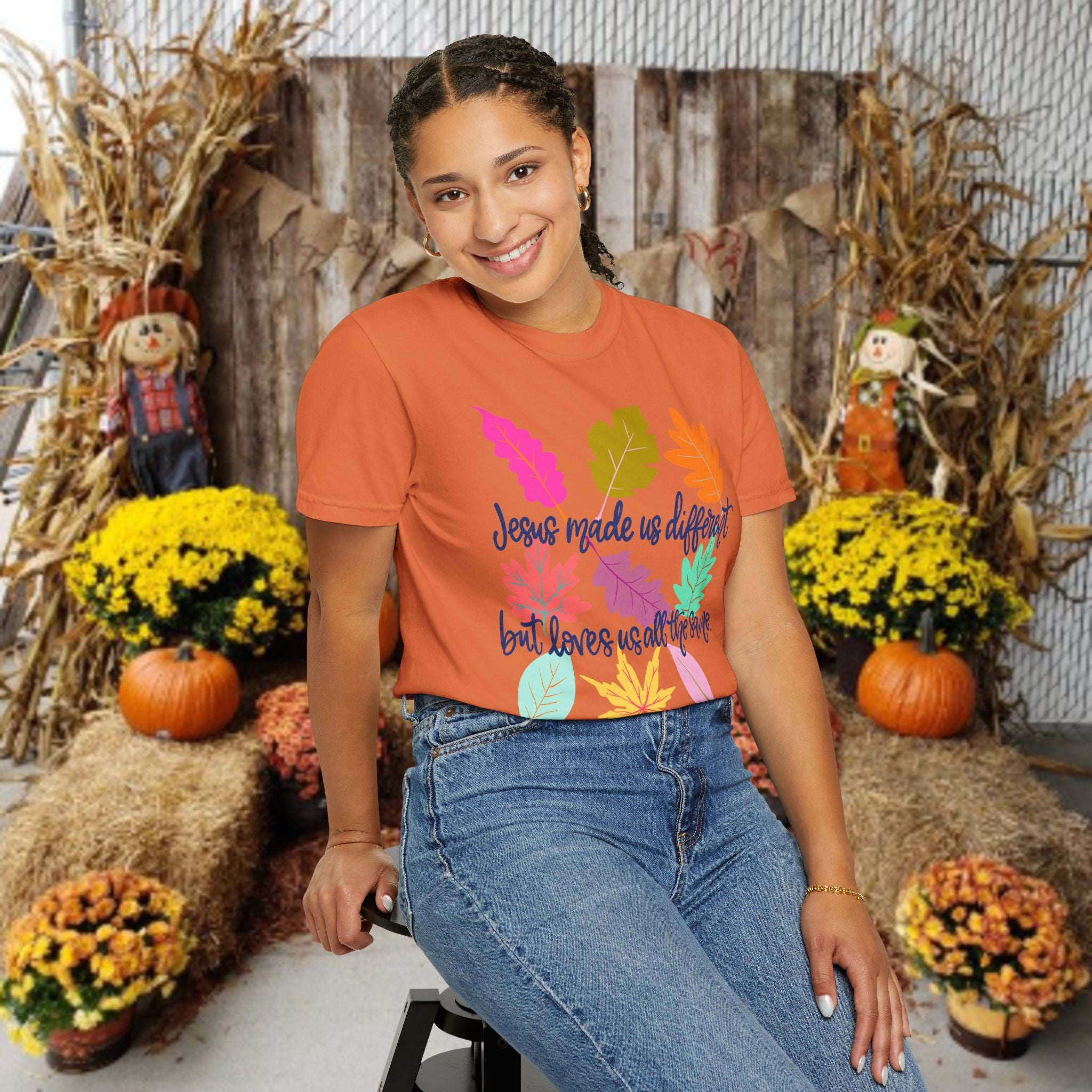 Christian Fall T-Shirt — "Jesus Made Us Different But Loves Us All The Same" (Colorful Leaves)
