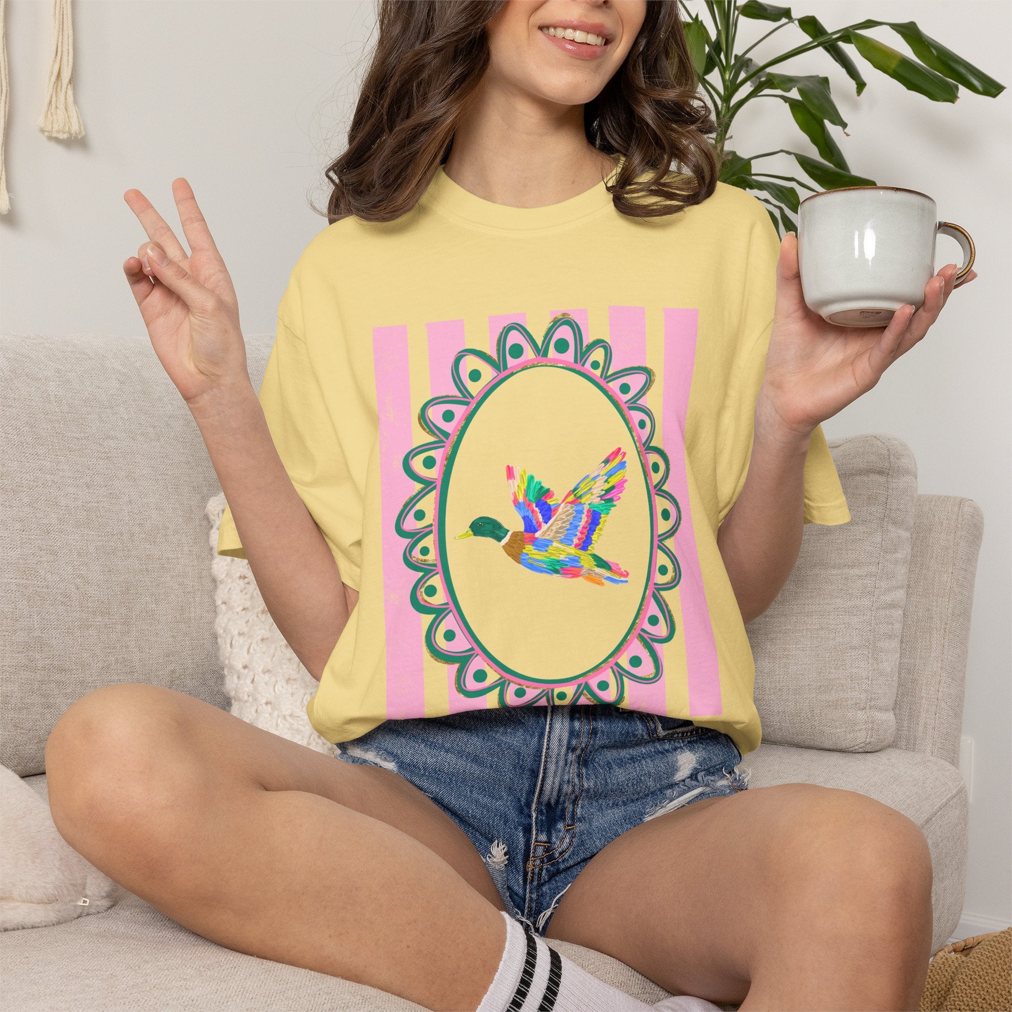 Duck Flying Floral Frame T-Shirt — Colorful Bird Graphic Tee
