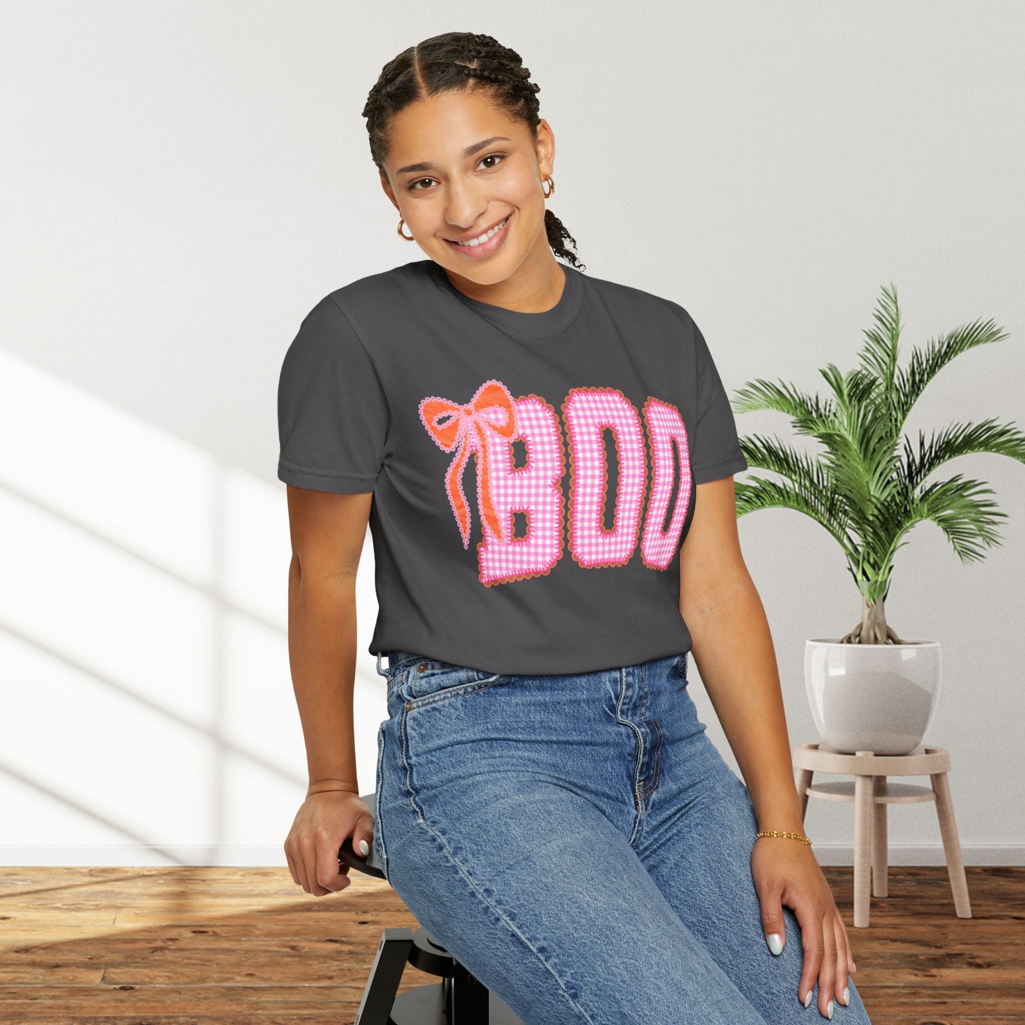 Boo Pink Gingham Graphic T-Shirt with bow
