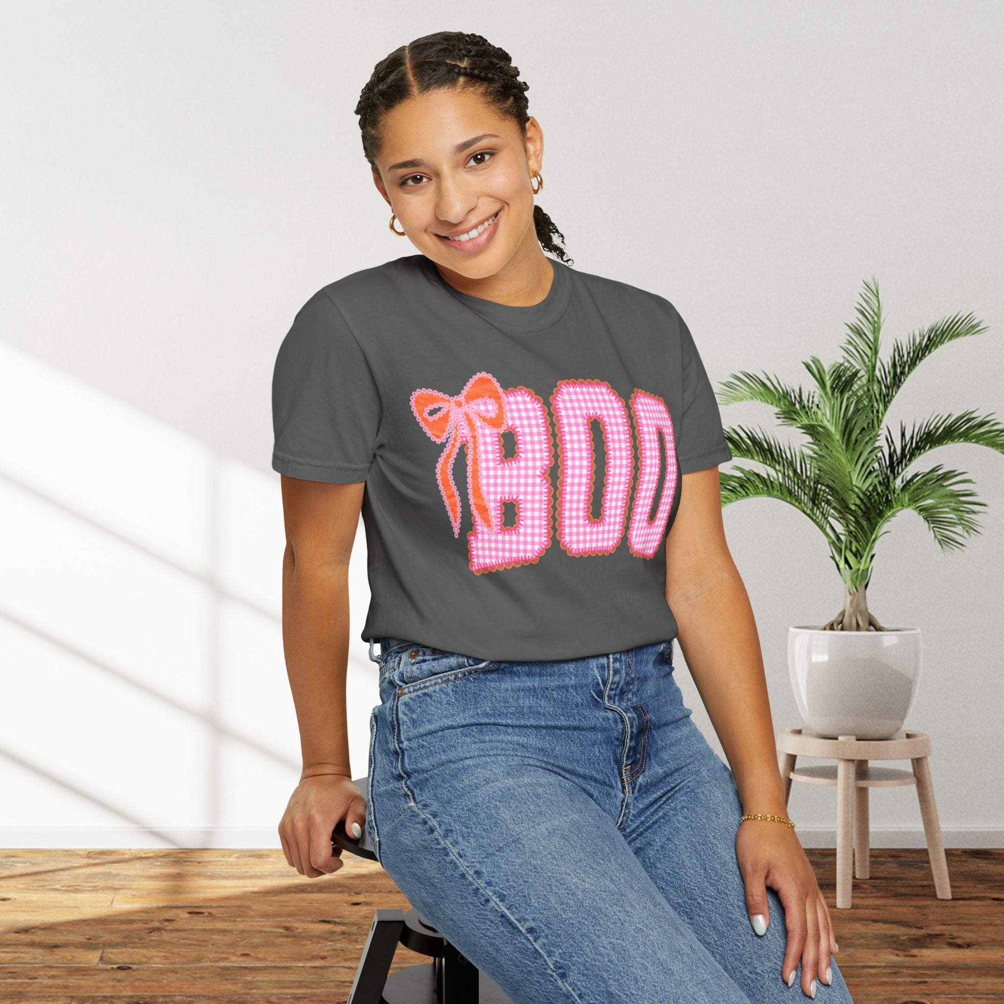 Boo Pink Gingham Graphic T-Shirt with bow