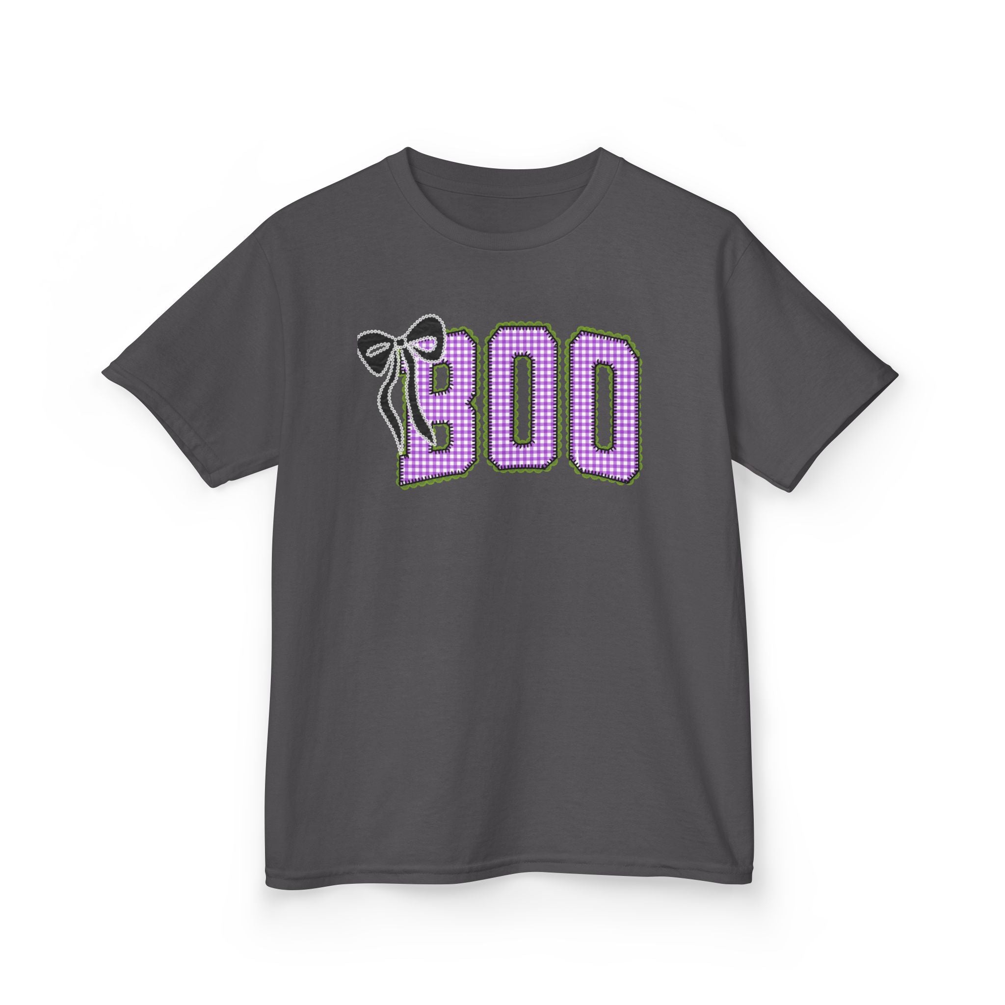 Kids Tee — 'BOO' Purple Gingham Halloween Shirt with Bat Accent
