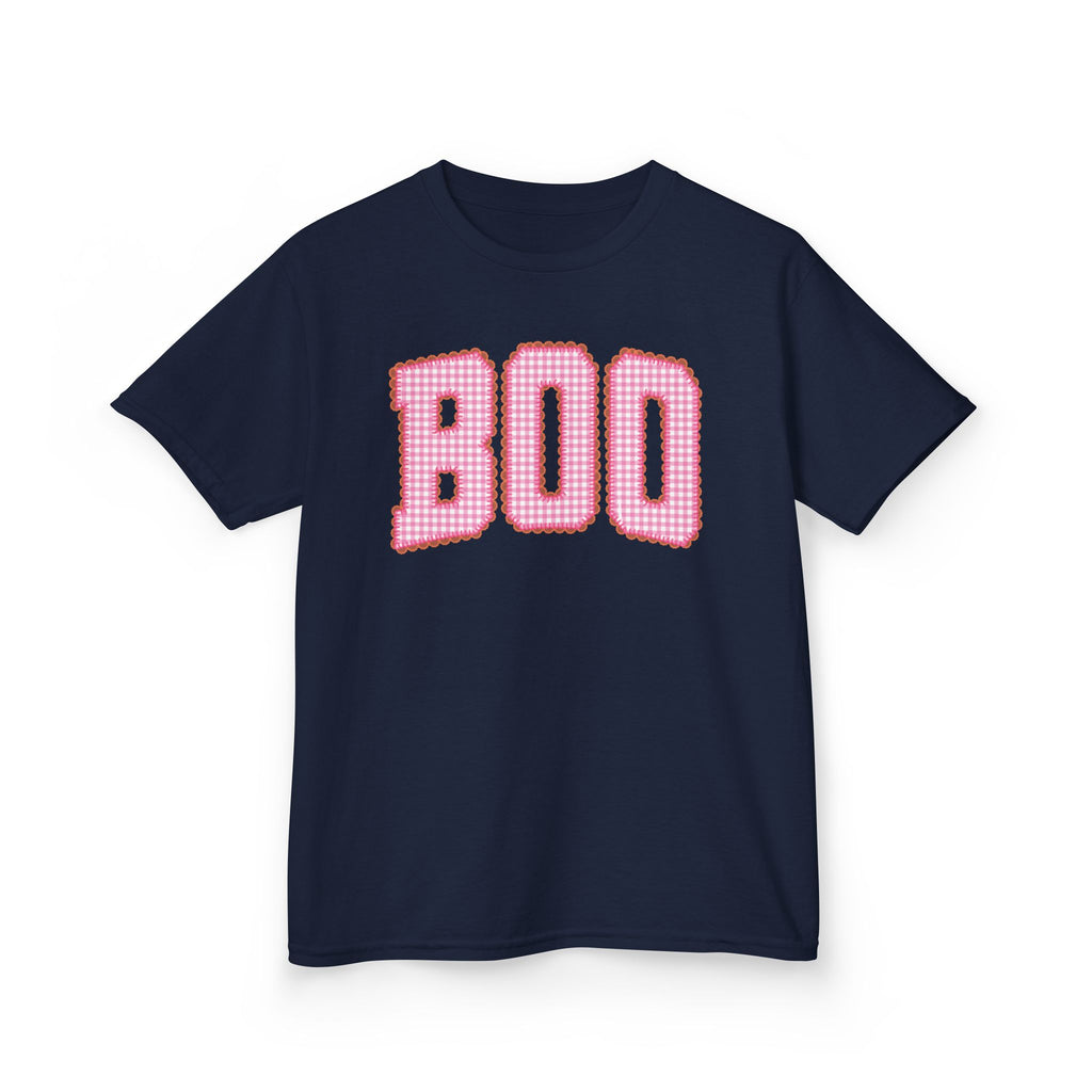 Kids 'BOO' Halloween Tee — Pink Gingham Lettering