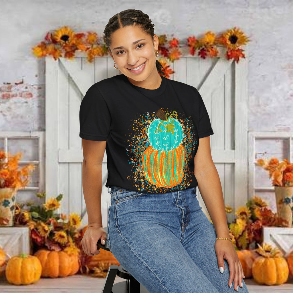 Teal & Orange Stacked Pumpkins T-Shirt — Fall Pumpkin Art Tee