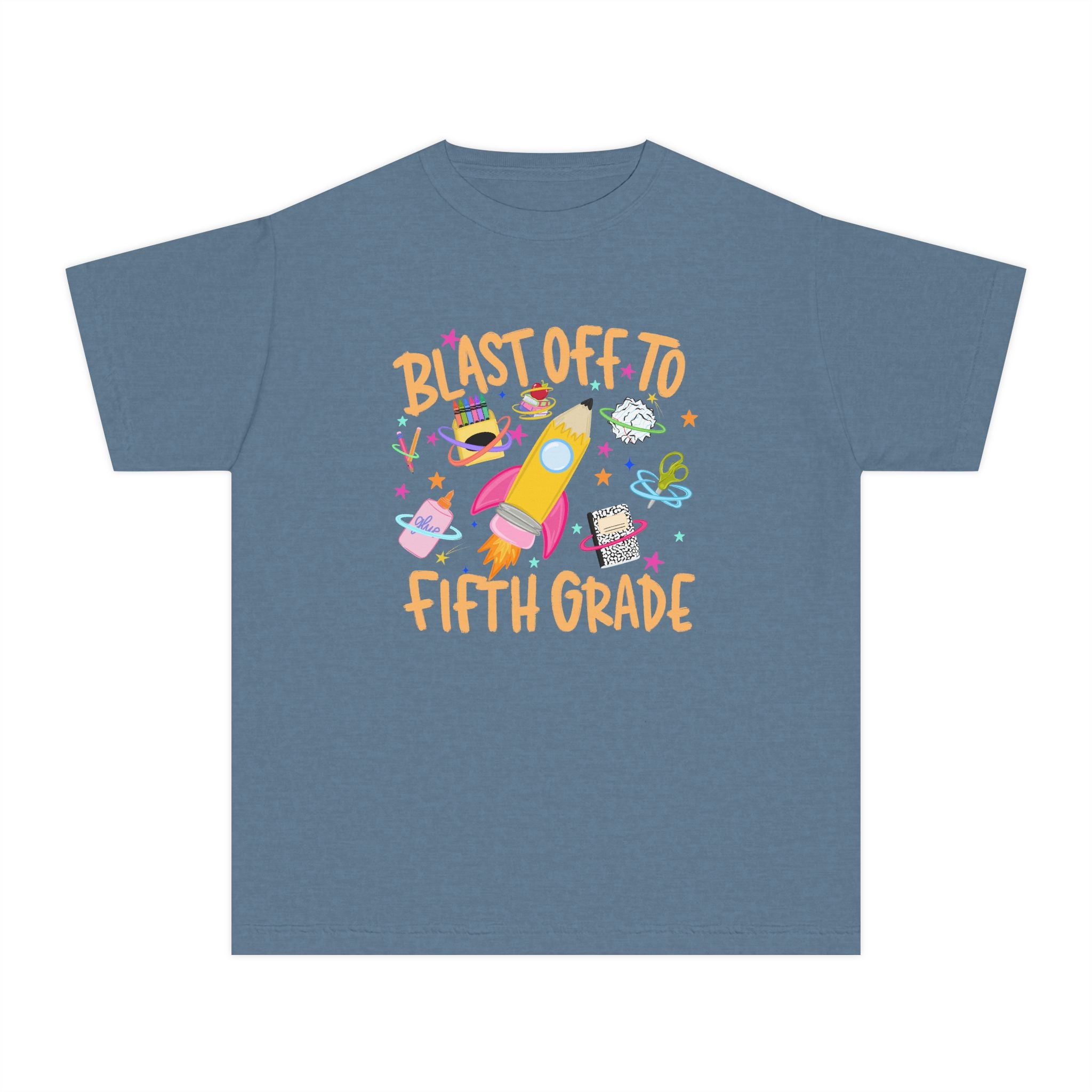 Blast Off to Fifth Grade Youth T‑Shirt — Back to School Rocket Tee