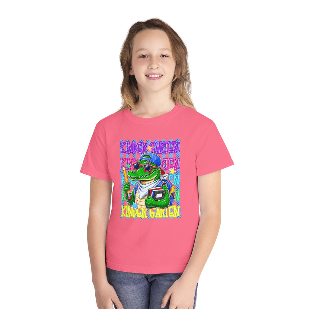 Kids Gator Teacher Tee — "Kindergarten" Colorful Alligator School Shirt