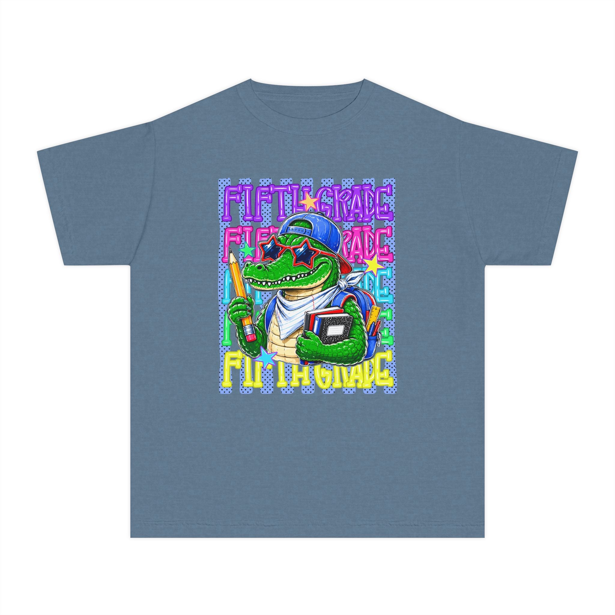 Youth Tee — Colorful Back-to-School Alligator Graphic "Fifth Grade"