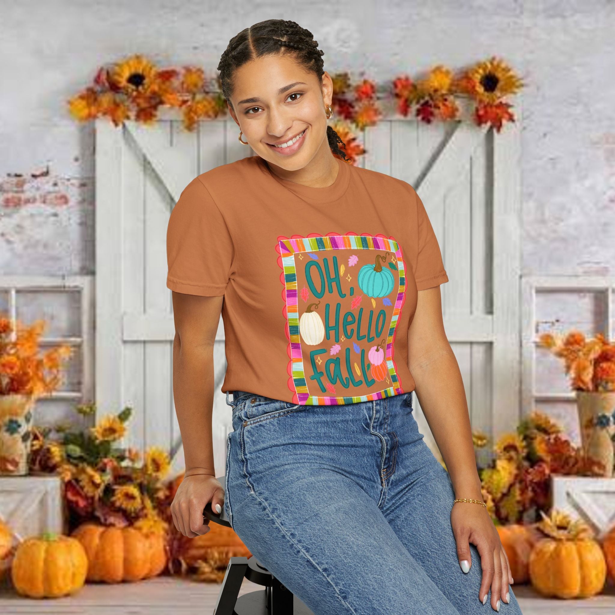 Oh, Hello Fall T-Shirt — Colorful Pumpkin Autumn Tee