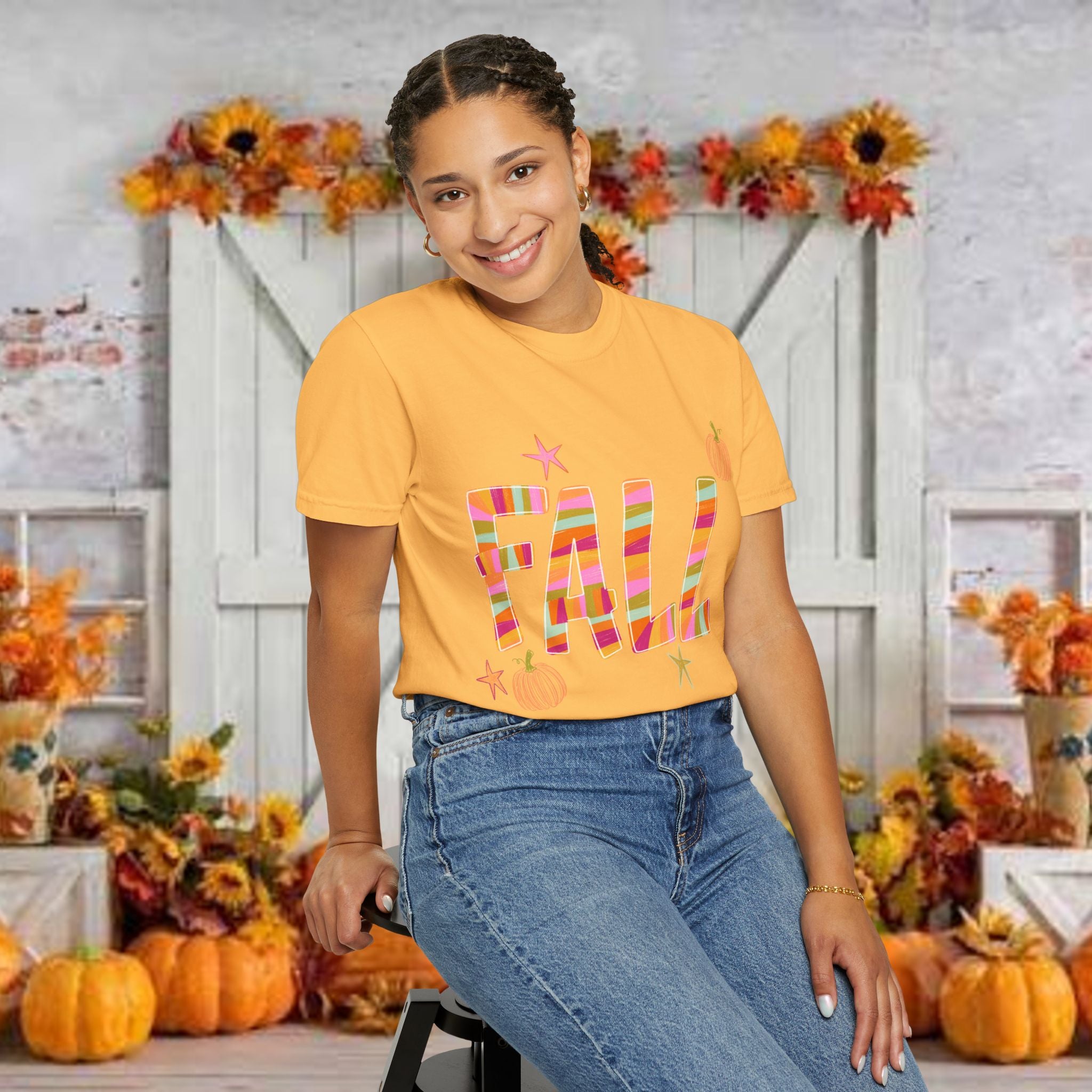 Fall Graphic T-Shirt — Colorful Pumpkin Plaid Autumn Tee