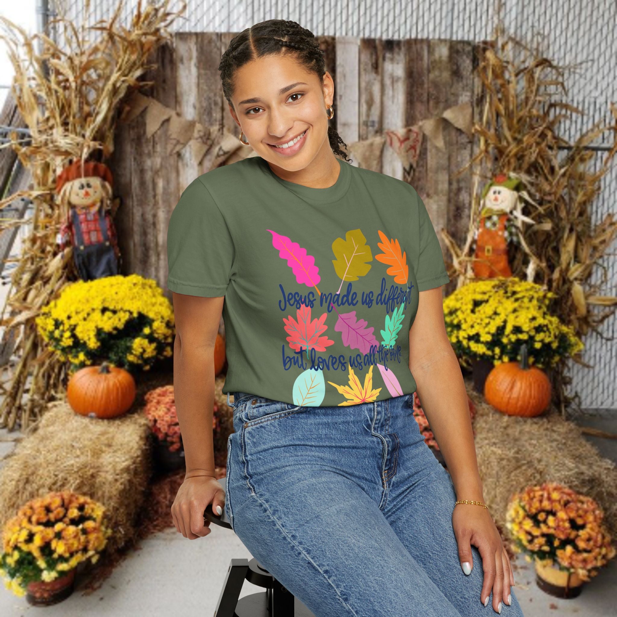 Christian Fall T-Shirt — "Jesus Made Us Different But Loves Us All The Same" (Colorful Leaves)