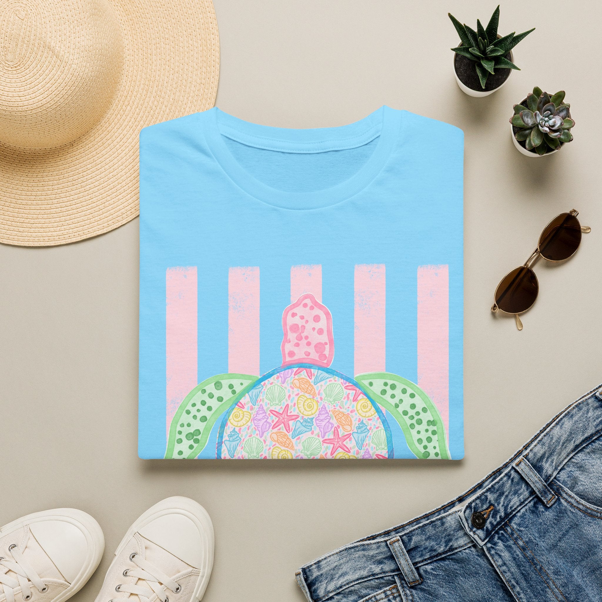 Sea Turtle Beach T-Shirt — Pastel Floral Turtle on Pink Stripes